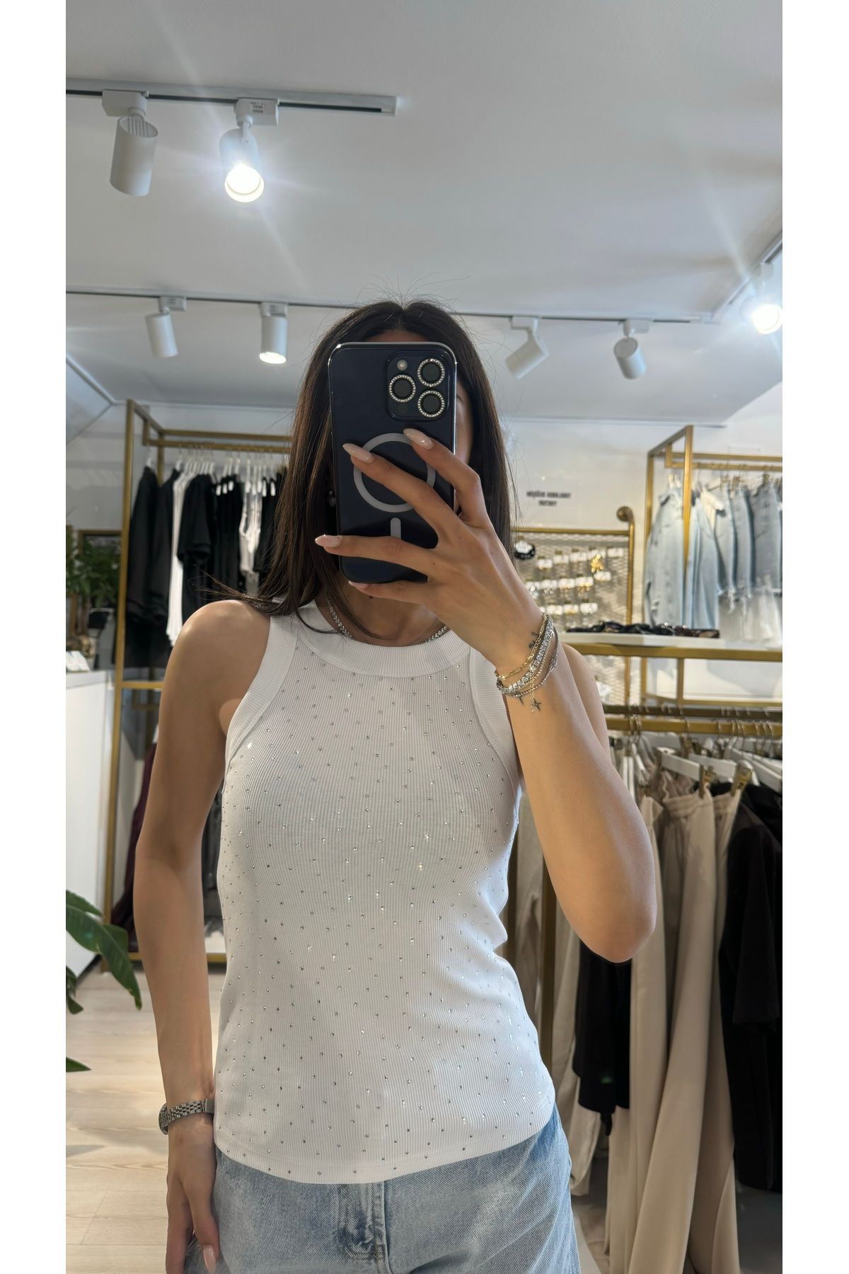 Boutique Mint Taşlı Beyaz Atlet