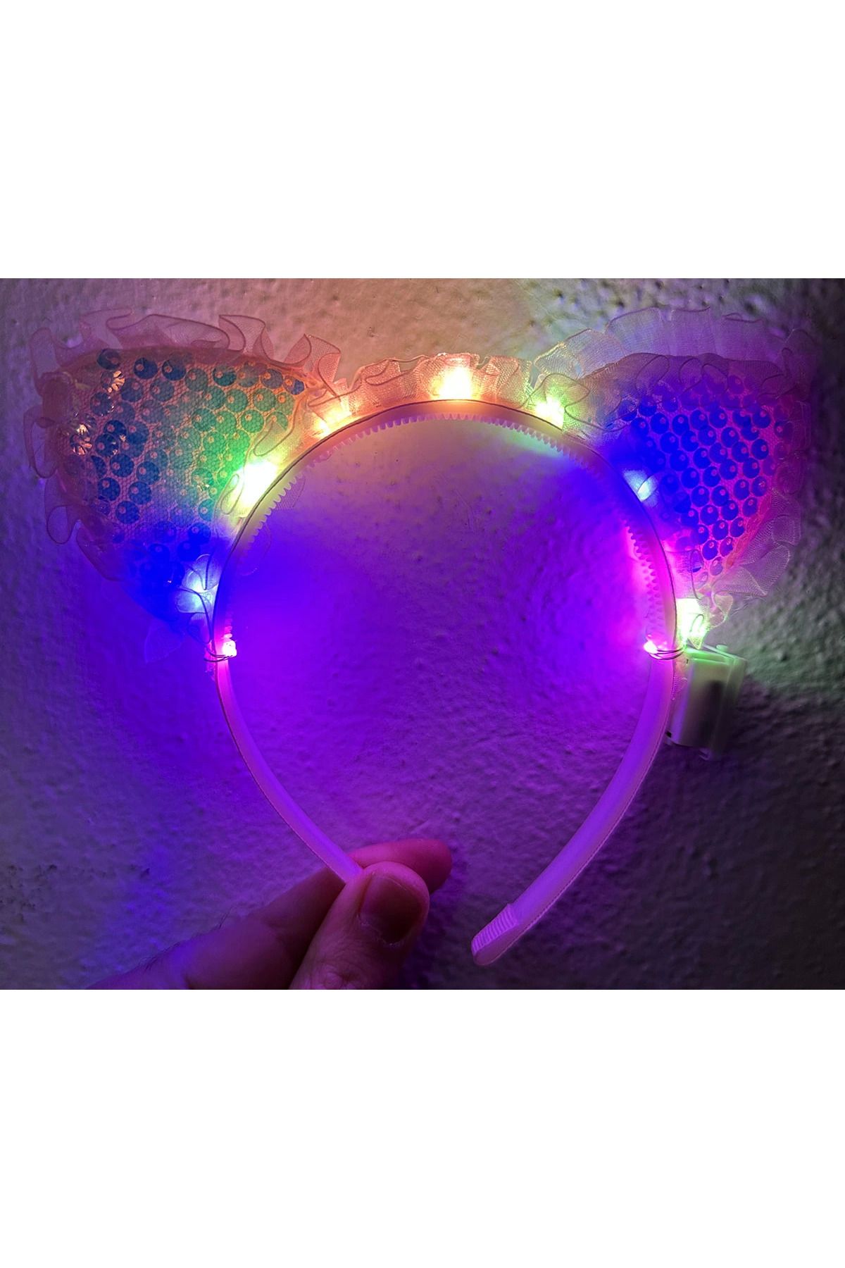 Modafiks Kenarları Dantelli Pembe Pullu Payetli Led Işıklı Kedi Kulak Taç 17x19 Cm