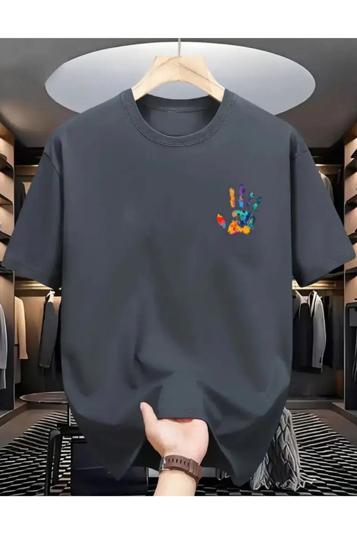 SAJA Unısex Kadın/Erkek Baskılı Oversize Düşük Kol Bisiklet Yaka T-Shirt