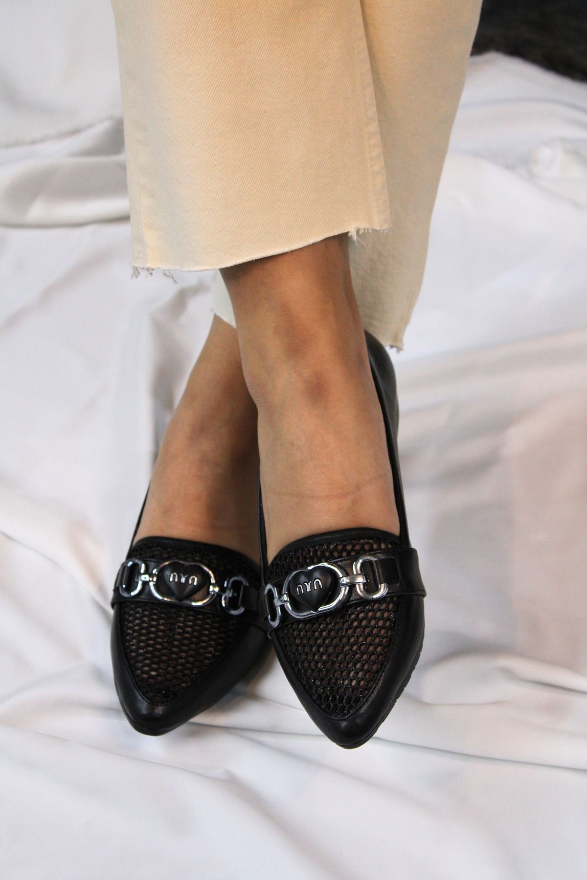 mybellashoes Kadın Siyah Fileli Loafer Ayakkabı