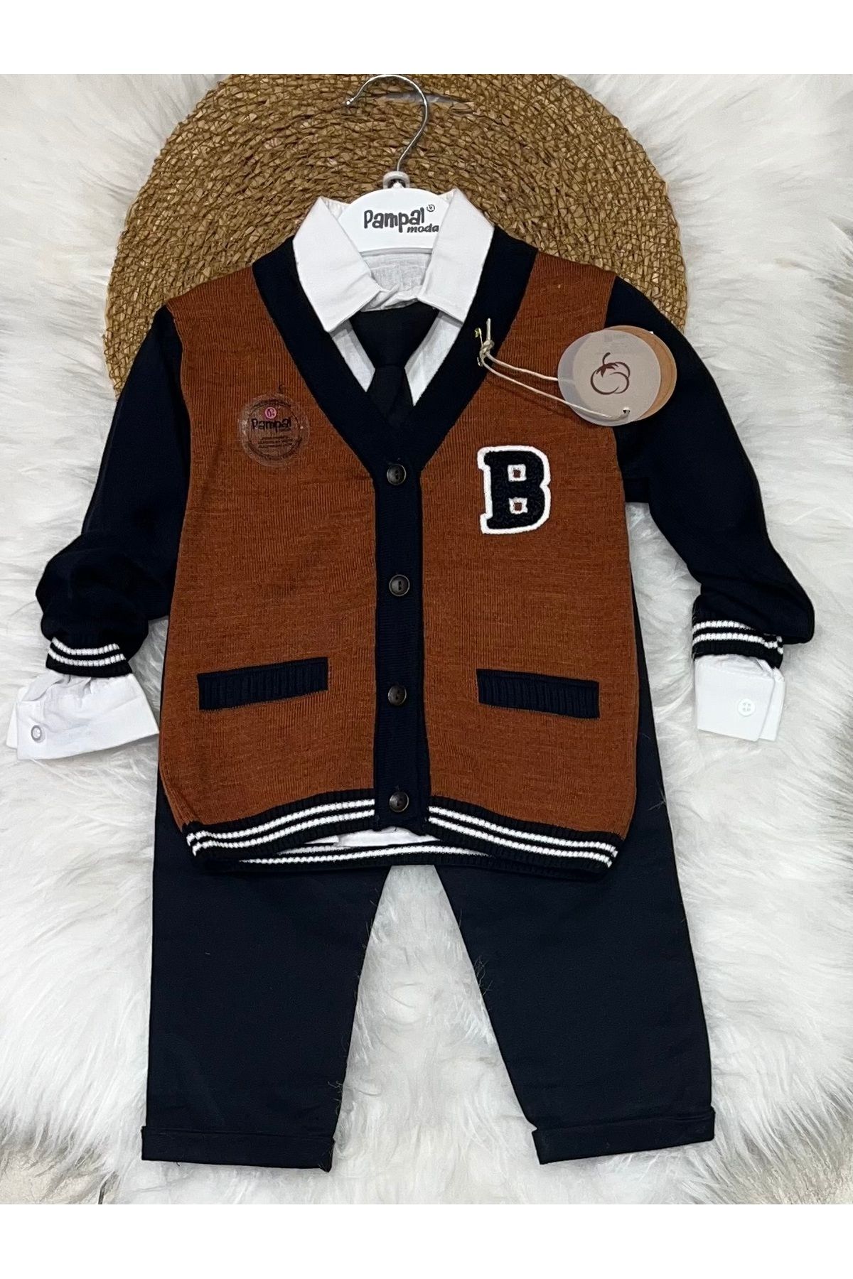 bebitomkids Erkek 6-18 Ay Triko Hırkalı Gömlekli Üçlü Takım