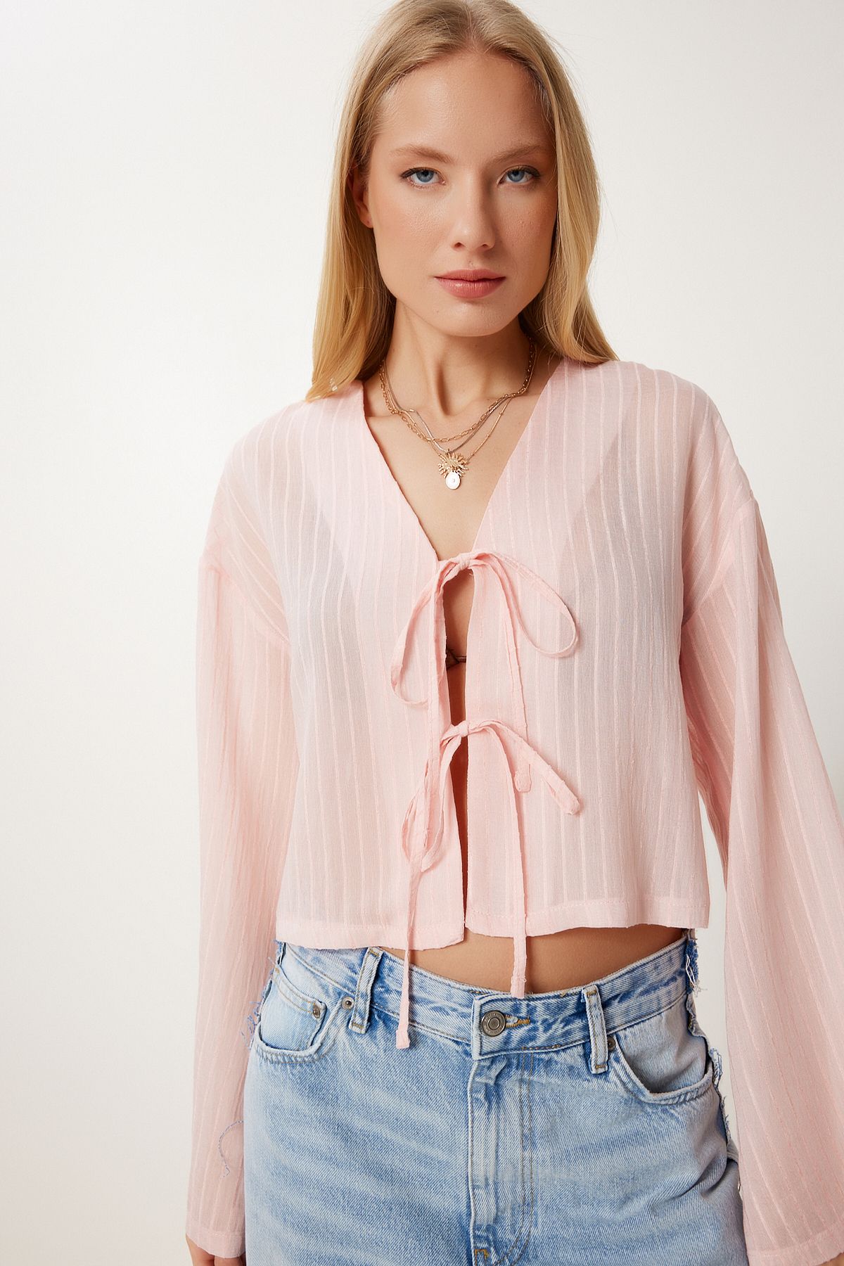 Lovelyİstanbul Çizgili Bağlama Detaylı Örme Bluz ŞEKER PEMBE LRG0020