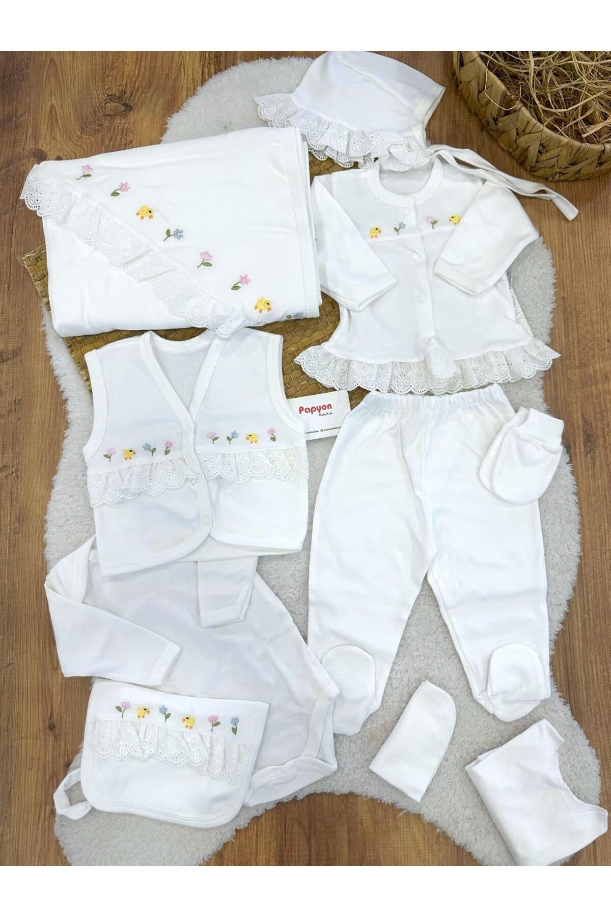 Papyon Baby Kids Dantelli Çiçek Nakışlı Yenidoğan Kız Bebek 10lu Zıbın Set Hastane Çıkışı