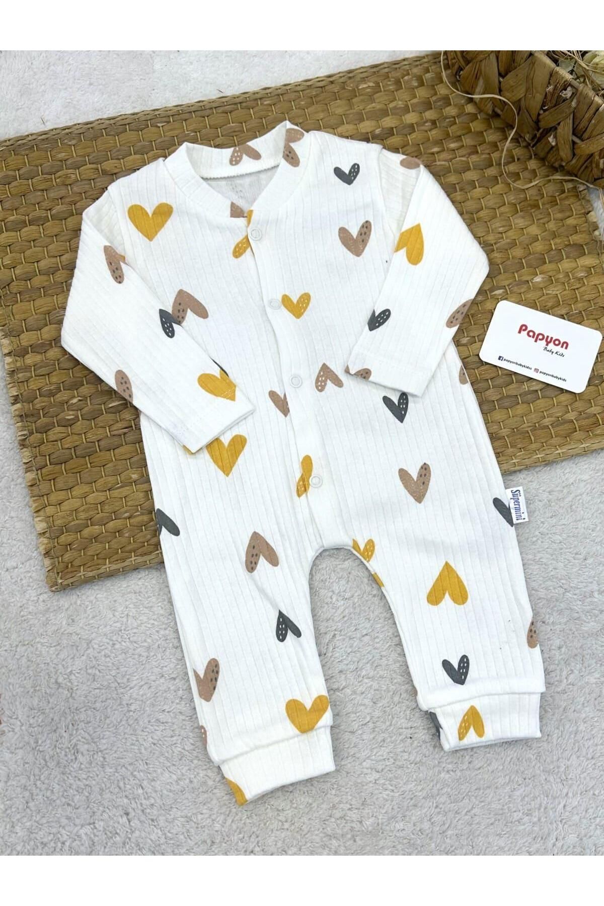 Papyon Baby Kids Büyük Kalp Baskılı Fitilli Kız Bebek Tulum (0-3/3-6/6-9 Ay)