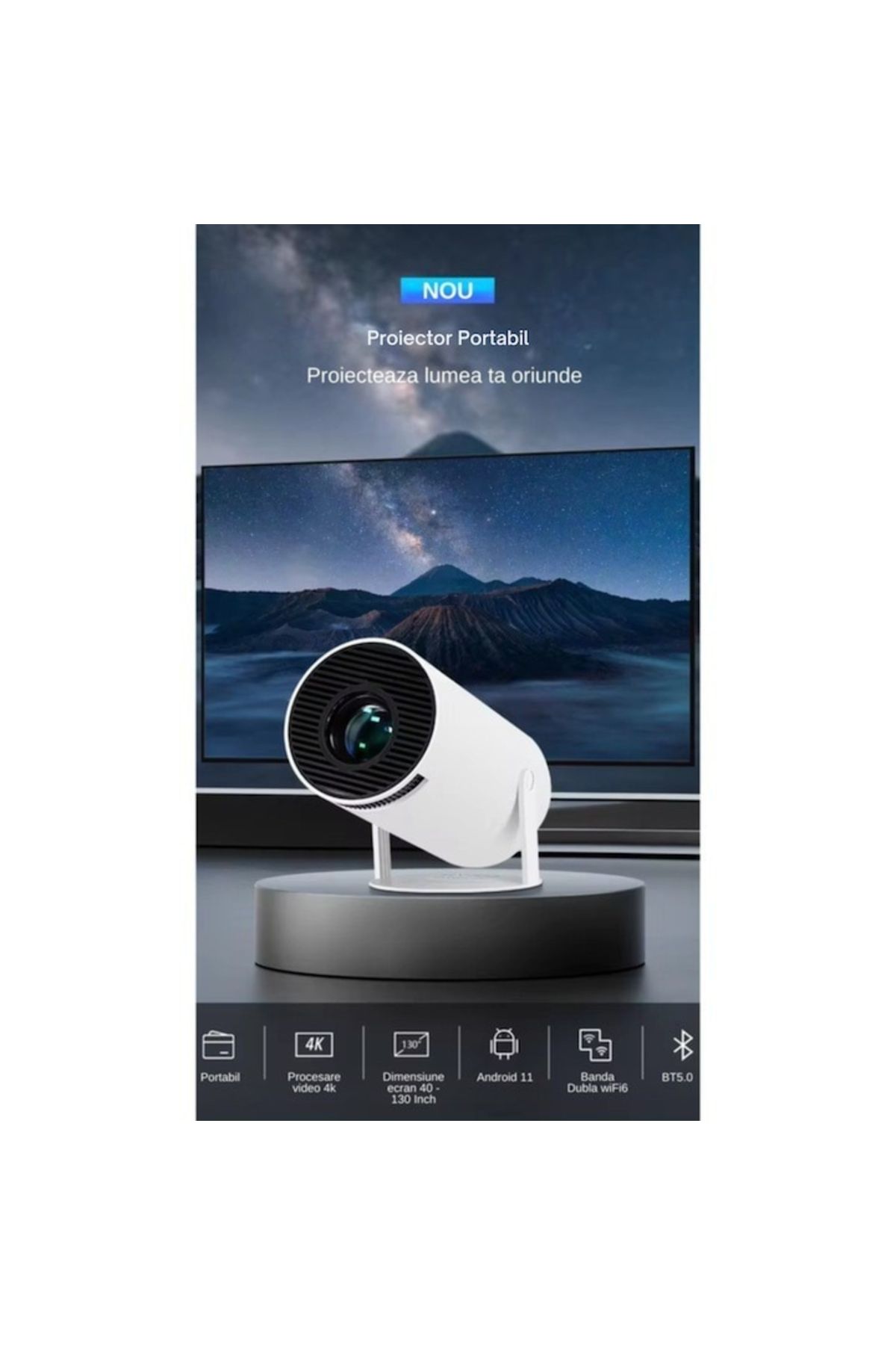 varioshop-Videoproiector Portabil Smart 4K VarioShop®, 1200 lumeni, Wi-Fi 2.4/5G/BT4.1, Bluetooth 5.0, Sistem 7
