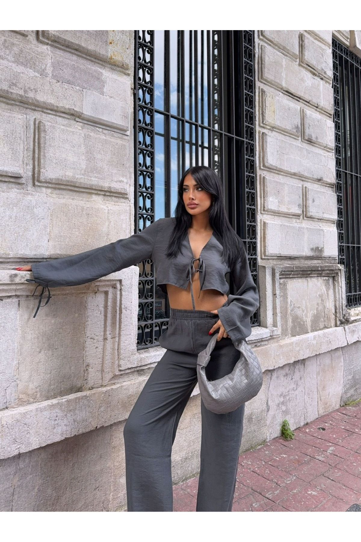 Ekim Store Crop Bağcıklı Modal Gömlek Pantolon Takım
