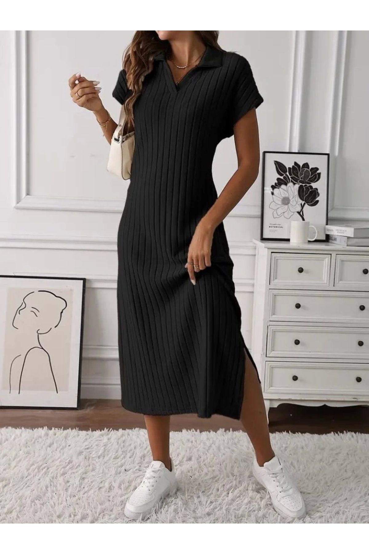 Butik Kadın Kısa Kollu Yakalı Yandan Yırtmaçlı Kalın Fitilli Kaşkorse Elbise