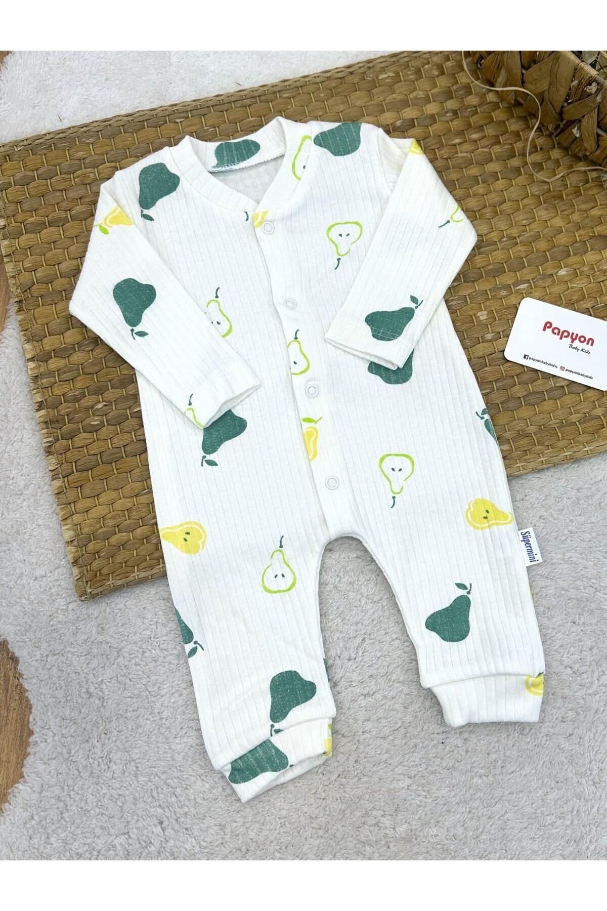 Papyon Baby Kids Armut Baskılı Fitilli Uniseks Bebek Tulum (0-3/3-6/6-9 Ay)