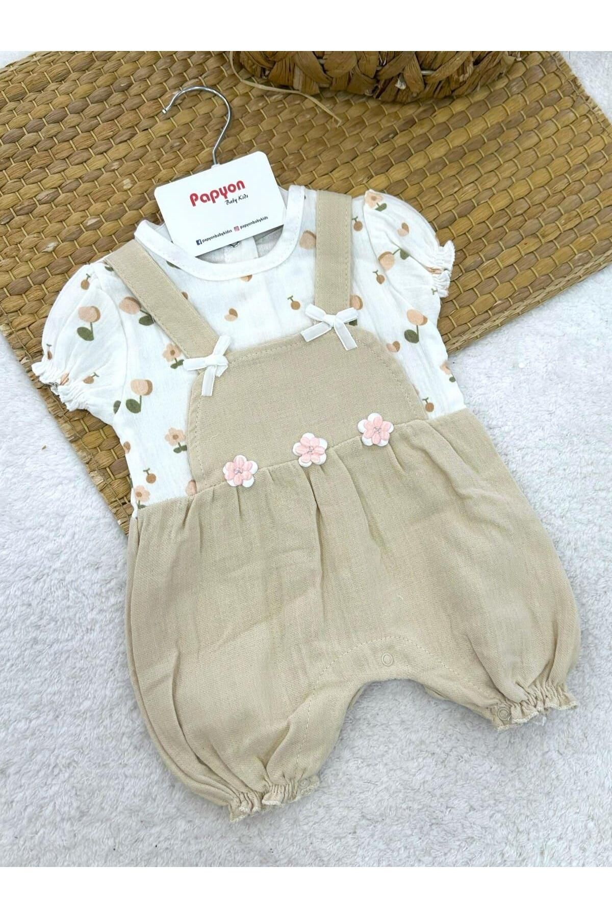 Papyon Baby Kids Çiçekli Baskılı Kız Bebek Müslin Şort Tulum (3-6/6-9/9-12/12-18 Ay)