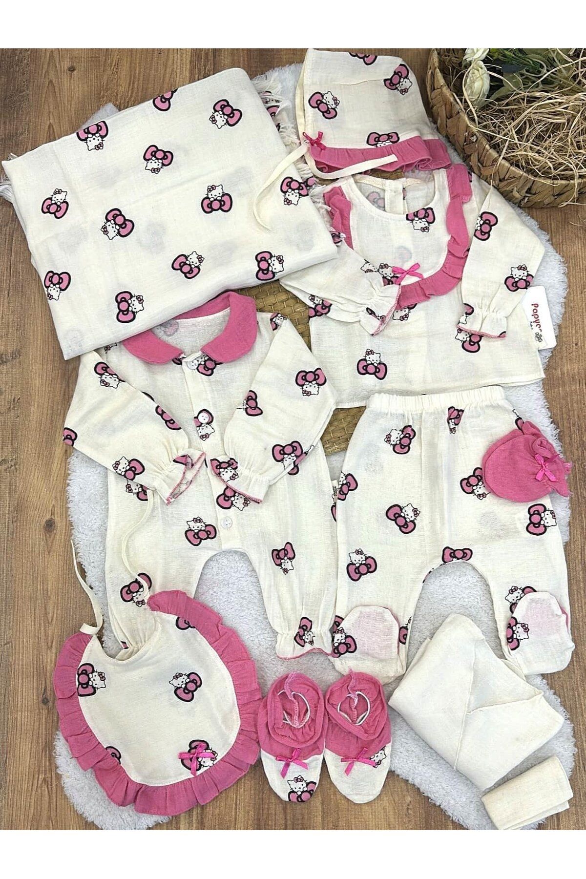 Papyon Baby Kids Hello Kitty Baskılı Yenidoğan Kız Bebek Müslin 10lu Hastane Çıkış Seti