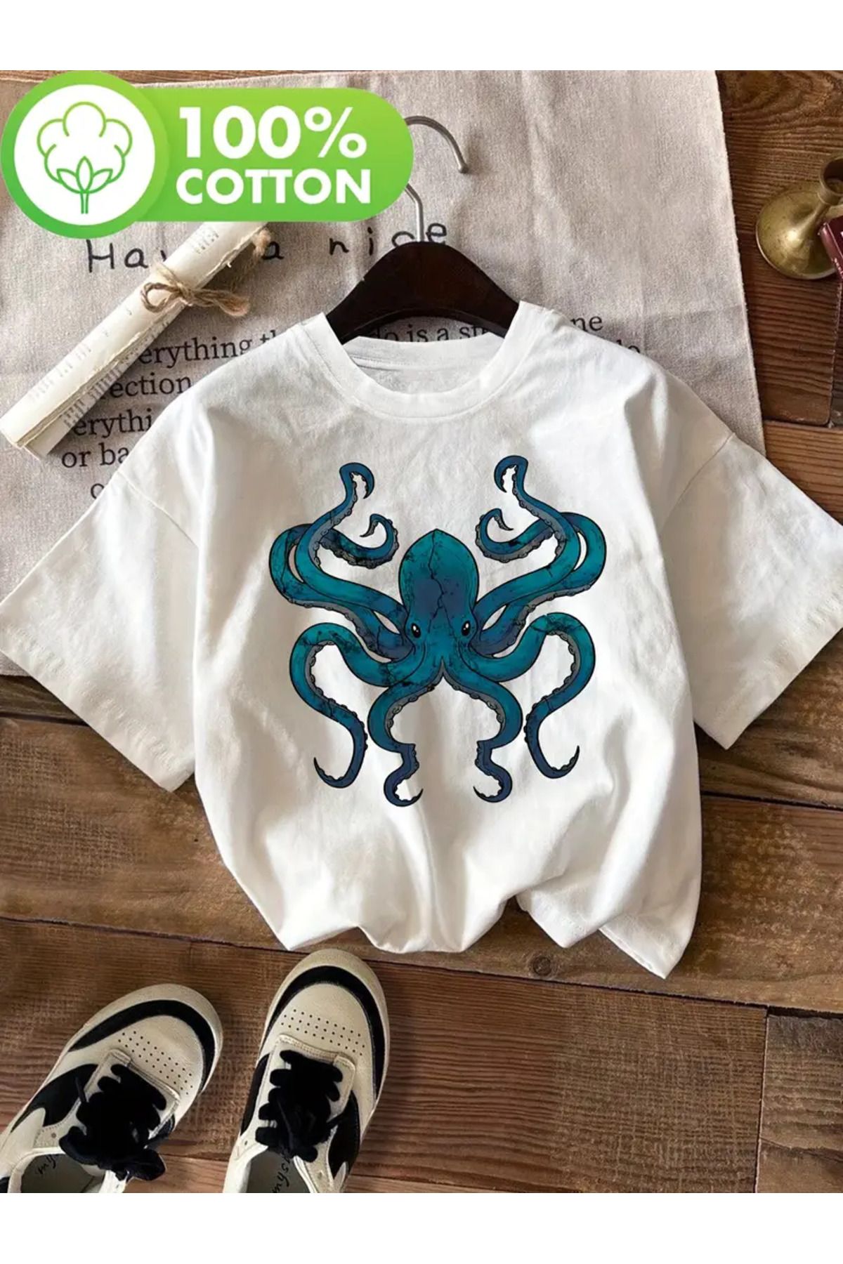 LUNAVISTA Octopus Baskılı Bisiklet Yaka Kısa Kol T-shirt