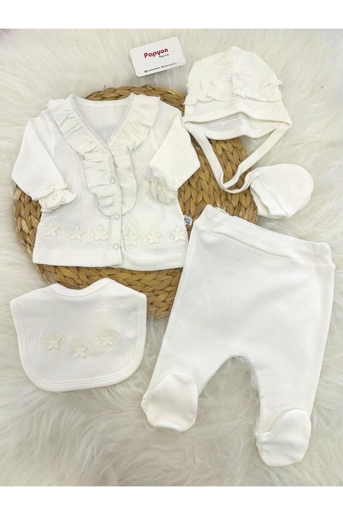 Papyon Baby Kids Lale Model Fırfırlı Yenidoğan Kız Bebek 5li Zıbın Set Hastane Çıkışı