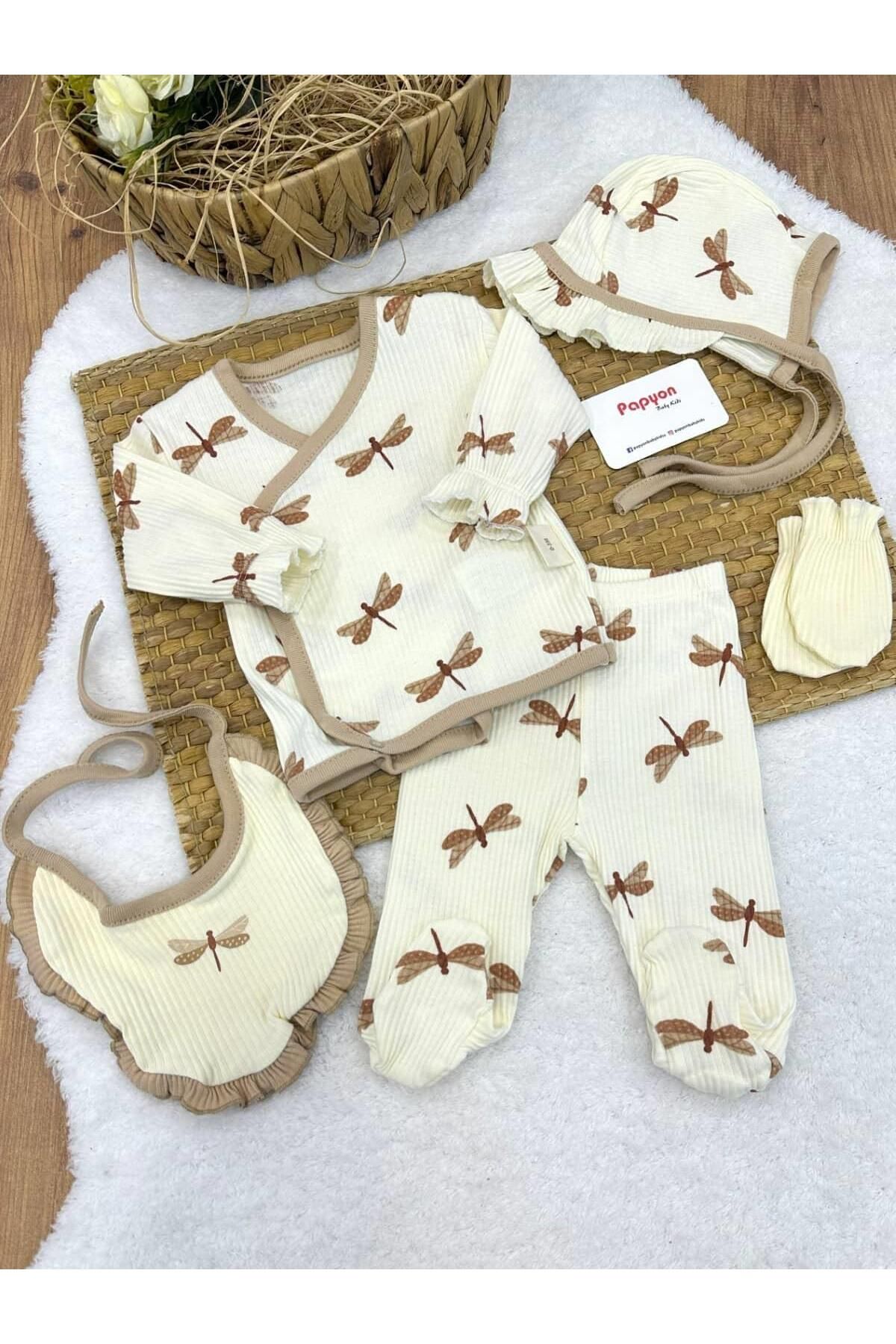 Papyon Baby Kids Butterfly Yenidoğan Kız Bebek 5li Zıbın Set Hastane Çıkışı