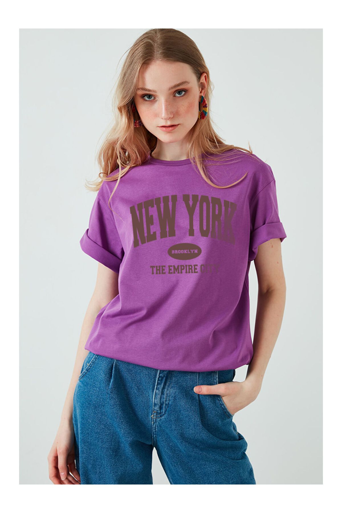 uyguntarz Pamuklu New York Baskılı Oversize T-shirt