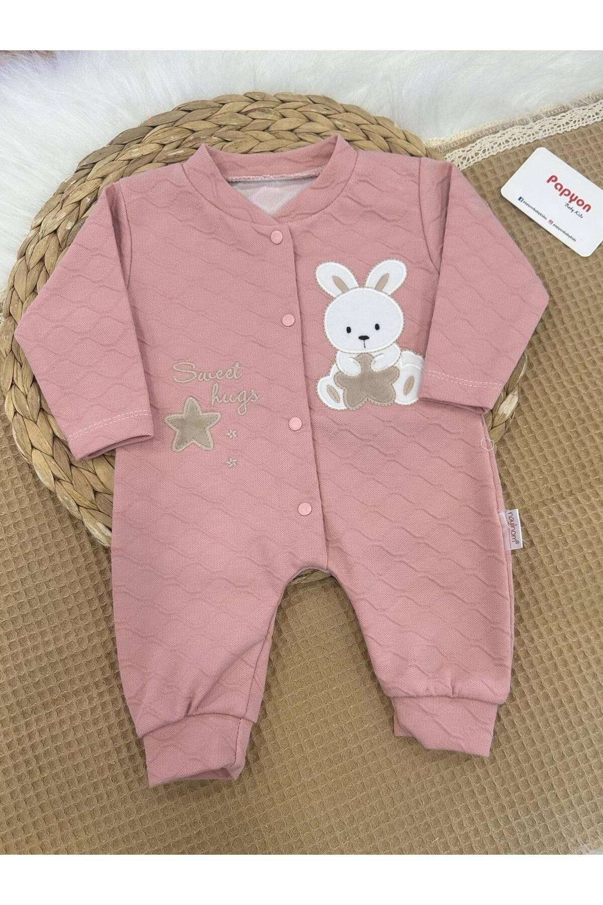 Papyon Baby Kids Jakarlı Ayıcık Nakışlı Kız Bebek Manşetli Tulum 0-1/1-3/3-6 Ay