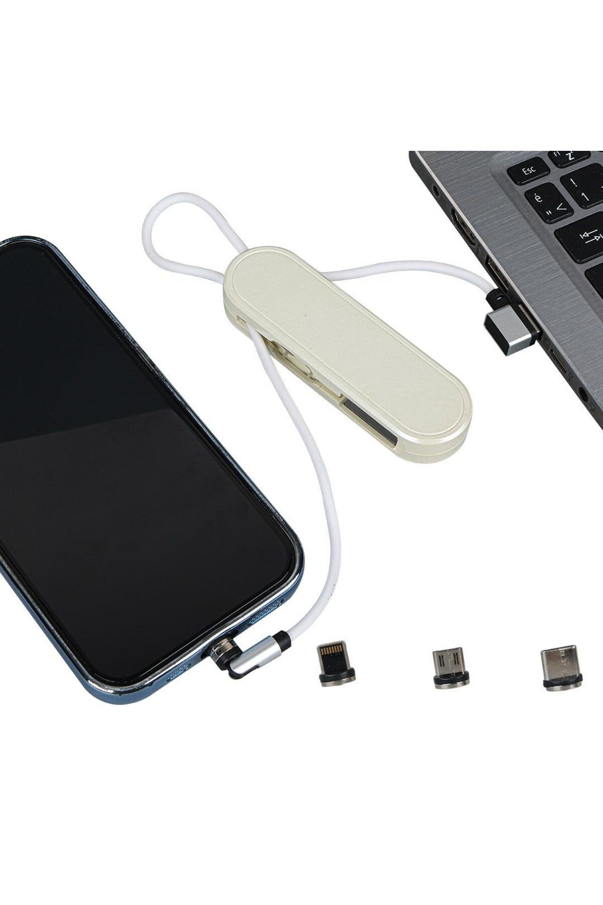 Powermaster PM-25905 Beyaz 3in1 (Type C- Lightning-Micro Usb) Manyetik Uç Taşınabilir Şarj Kablosu