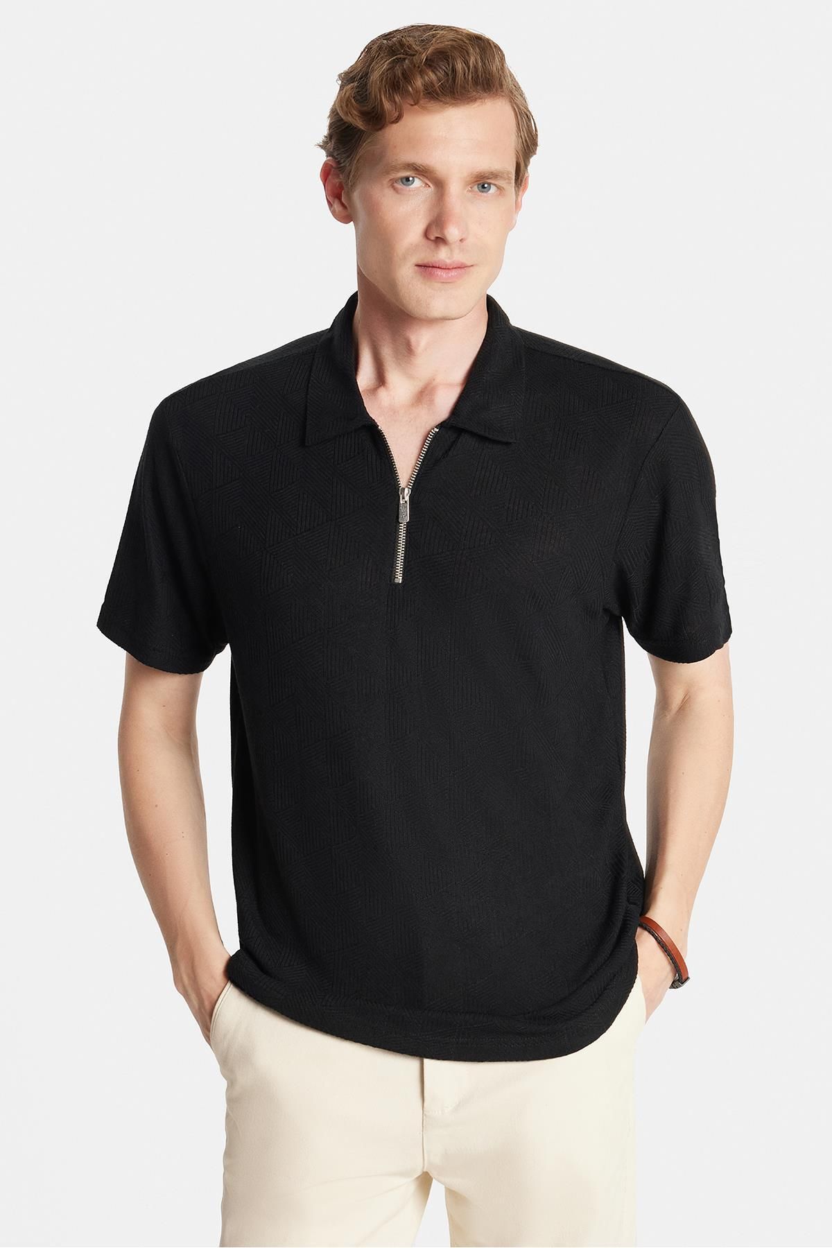Tudors Erkek Slim Fit Dar Kesim Viskon Fermuarlı Polo Yaka Siyah Tişört