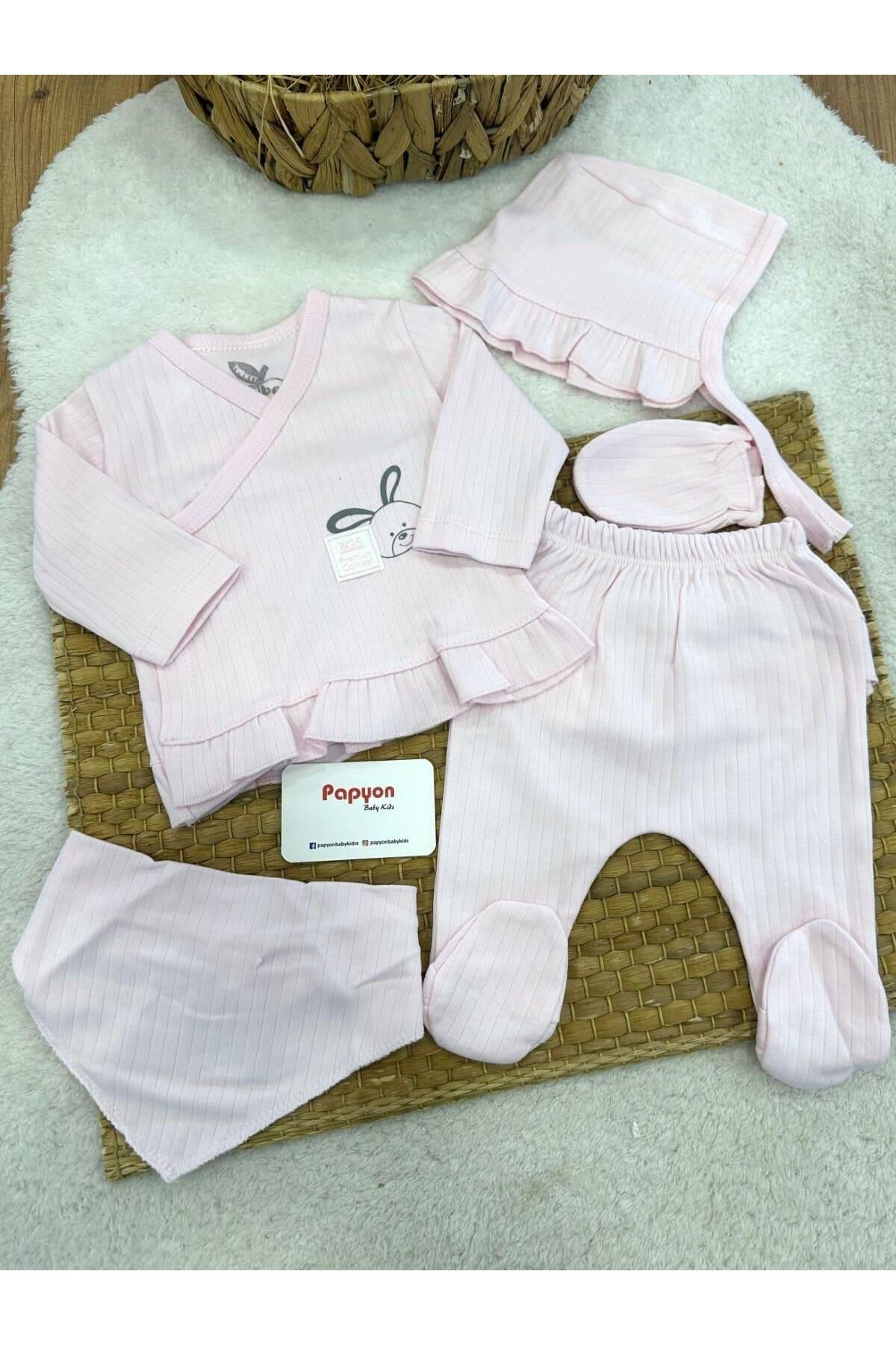 Papyon Baby Kids Tavşan Baskılı Fitilli Yenidoğan Kız Bebek 5li Zıbın Set