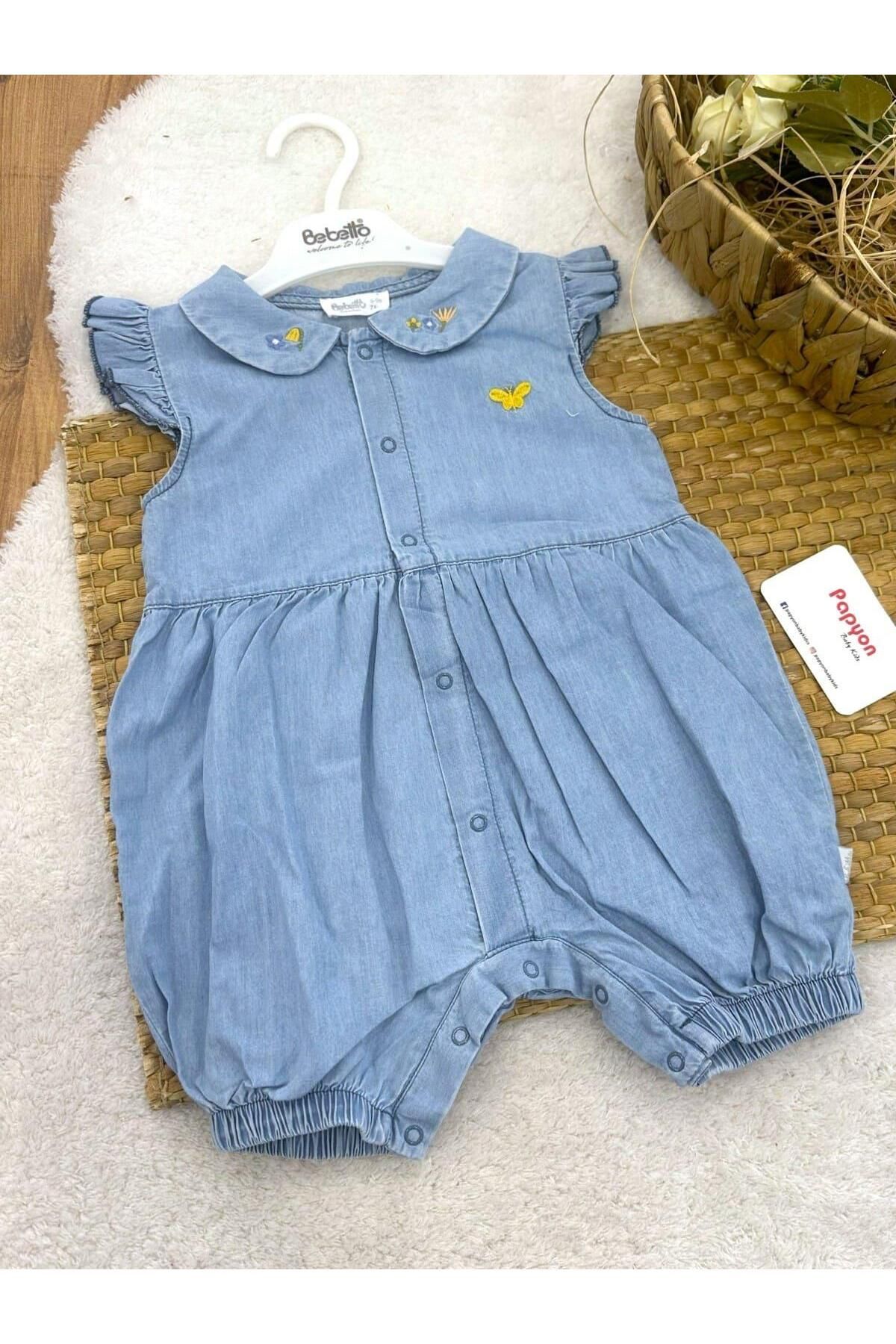Papyon Baby Kids Çiçek Kelebek Nakışlı Önden Çıtçıtlı Kız Bebek Yazlık Kot Tulum (6-9/9-12/12-18/18-24 Ay)