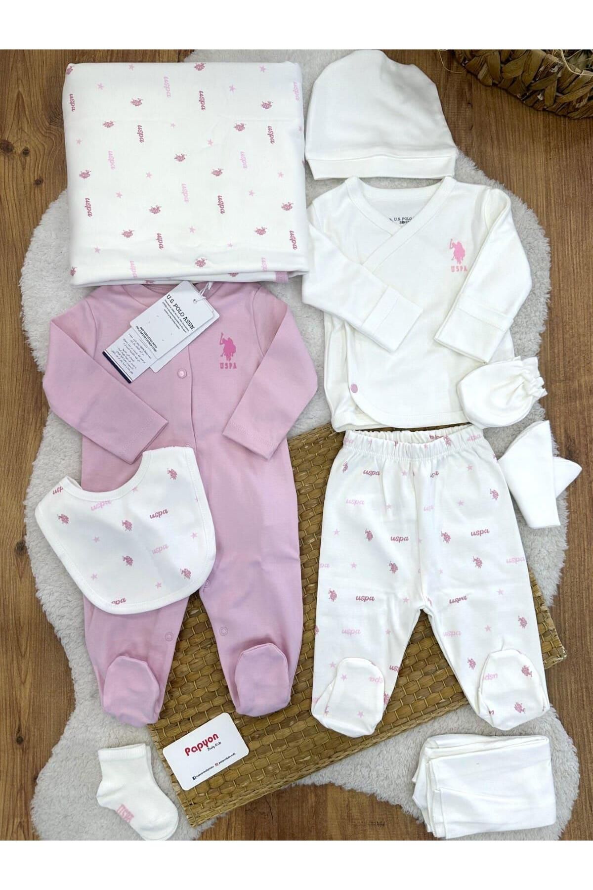 Papyon Baby Kids Uspa Baskılı Tulumlu Yenidoğan Kız Bebek 10lu Zıbın Set Hastane Çıkışı