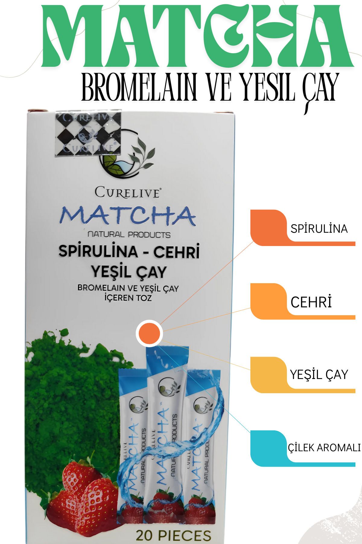 CURELIVE Çilek Aromalı Detox Form Maça Çayı 1 Kutu - Bromelain ve Yeşilçay