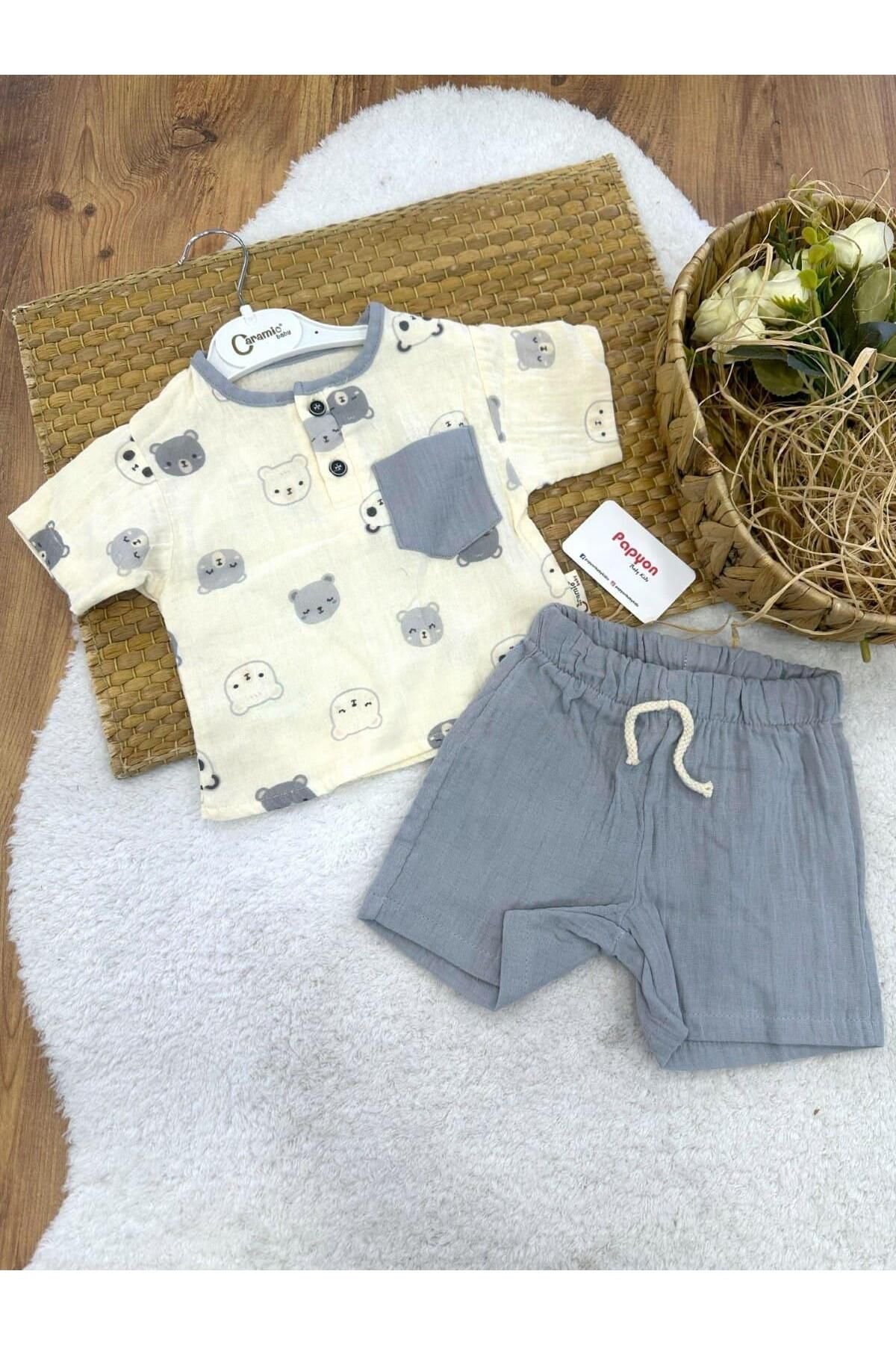 Papyon Baby Kids Ayıcık Desenli Cepli Tişört Şort Erkek Bebek Müslin Takım (6-9/9-12/12-18/18-24 Ay)