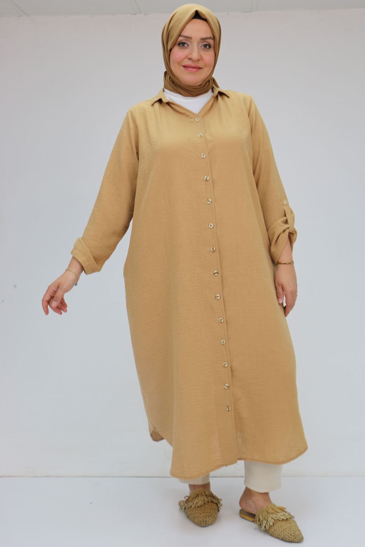 Eslina 58073 Büyük Beden Kolları Katlamalı Erkek Yaka Keten Tunik - Taba
