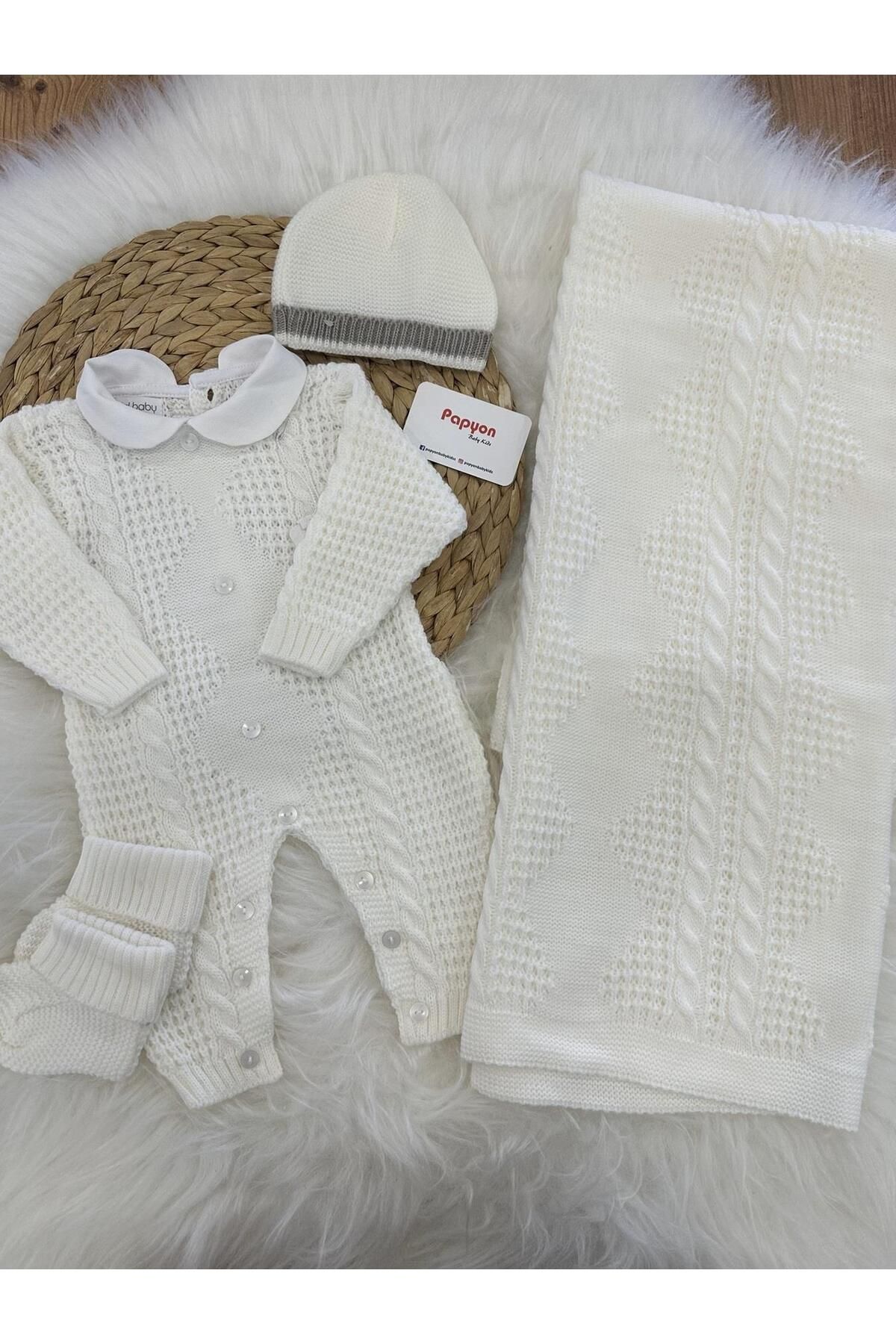 Papyon Baby Kids Saç Örgü Triko Yenidoğan Uniseks Bebek 4lü Hastane Çıkış Seti