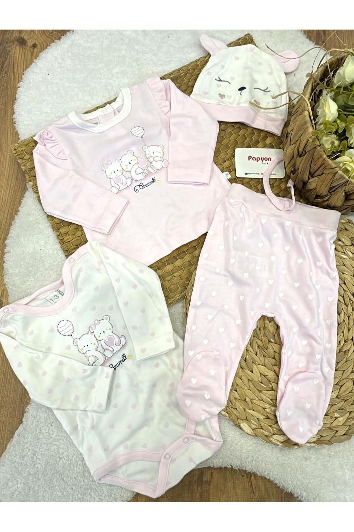 Papyon Baby Kids Kalpli Ayıcık Baskılı Yenidoğan Kız Bebek 4lü Takım Hastane Çıkış Seti 0-3 Ay