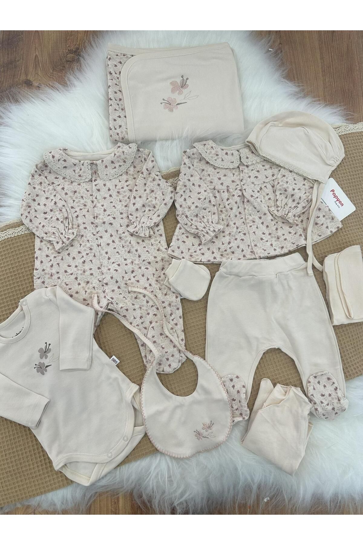 Papyon Baby Kids Çiçek Desenli Yenidoğan Kız Bebek Tulumlu 10lu Zıbın Set Hastane Çıkışı