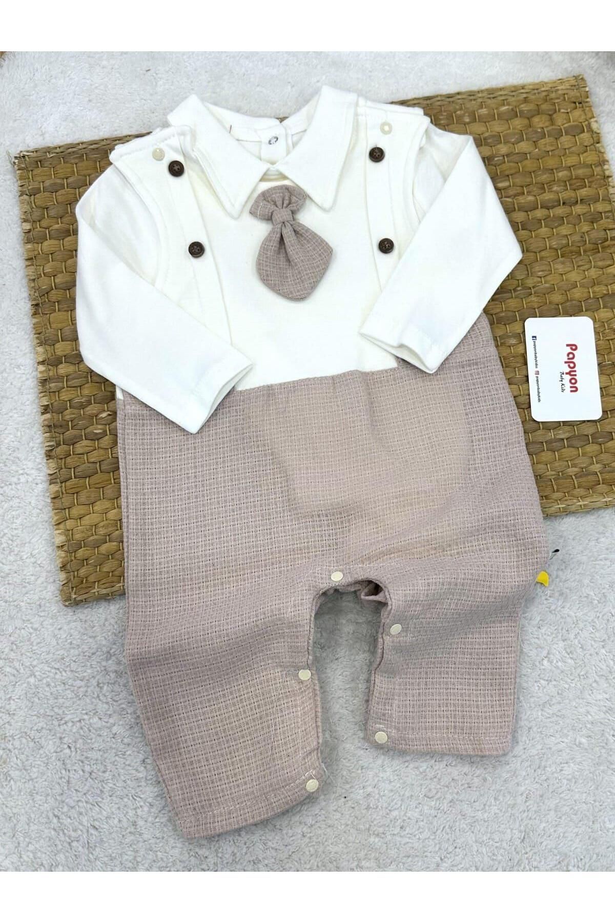 Papyon Baby Kids Badili Kravatlı Erkek Bebek Dokuma Salopet Takım (0-3/3-6/6-9 Ay)