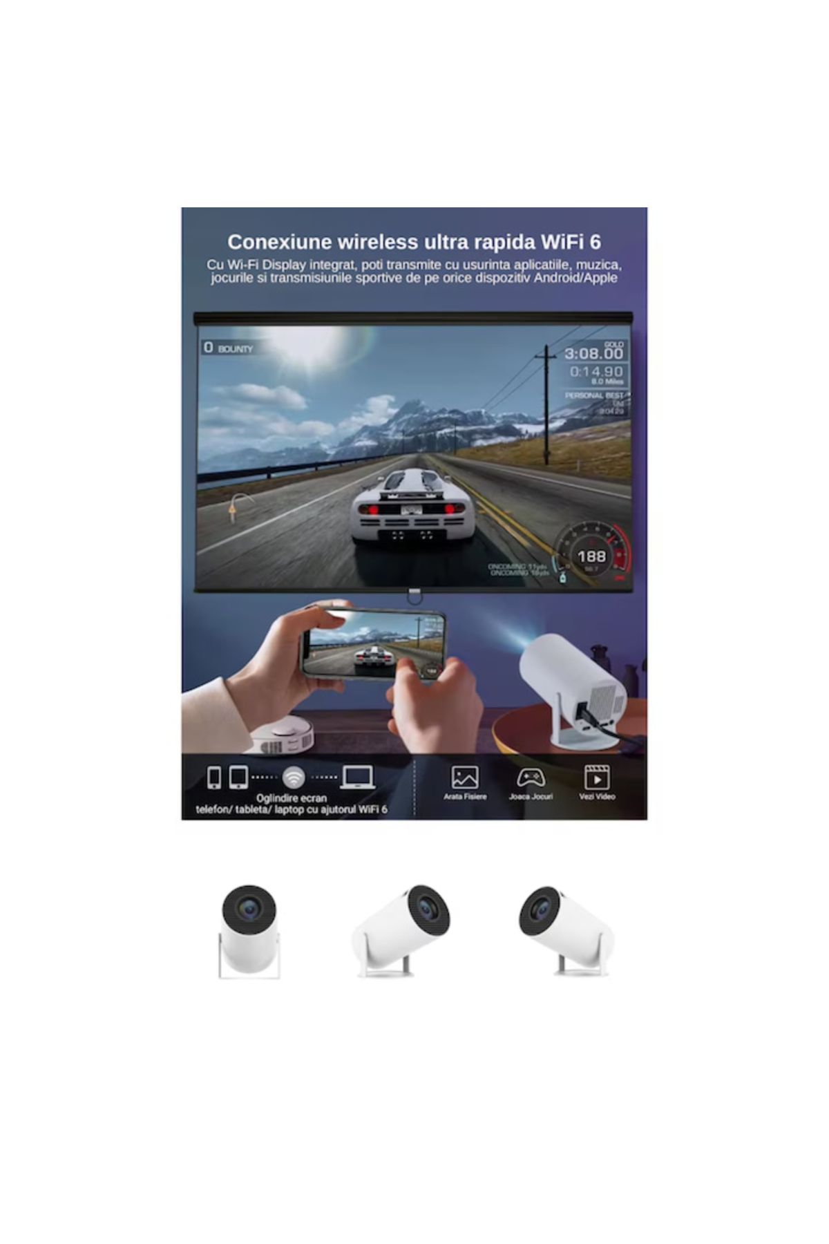 varioshop-Videoproiector Portabil Smart 4K VarioShop®, 1200 lumeni, Wi-Fi 2.4/5G/BT4.1, Bluetooth 5.0, Sistem 8