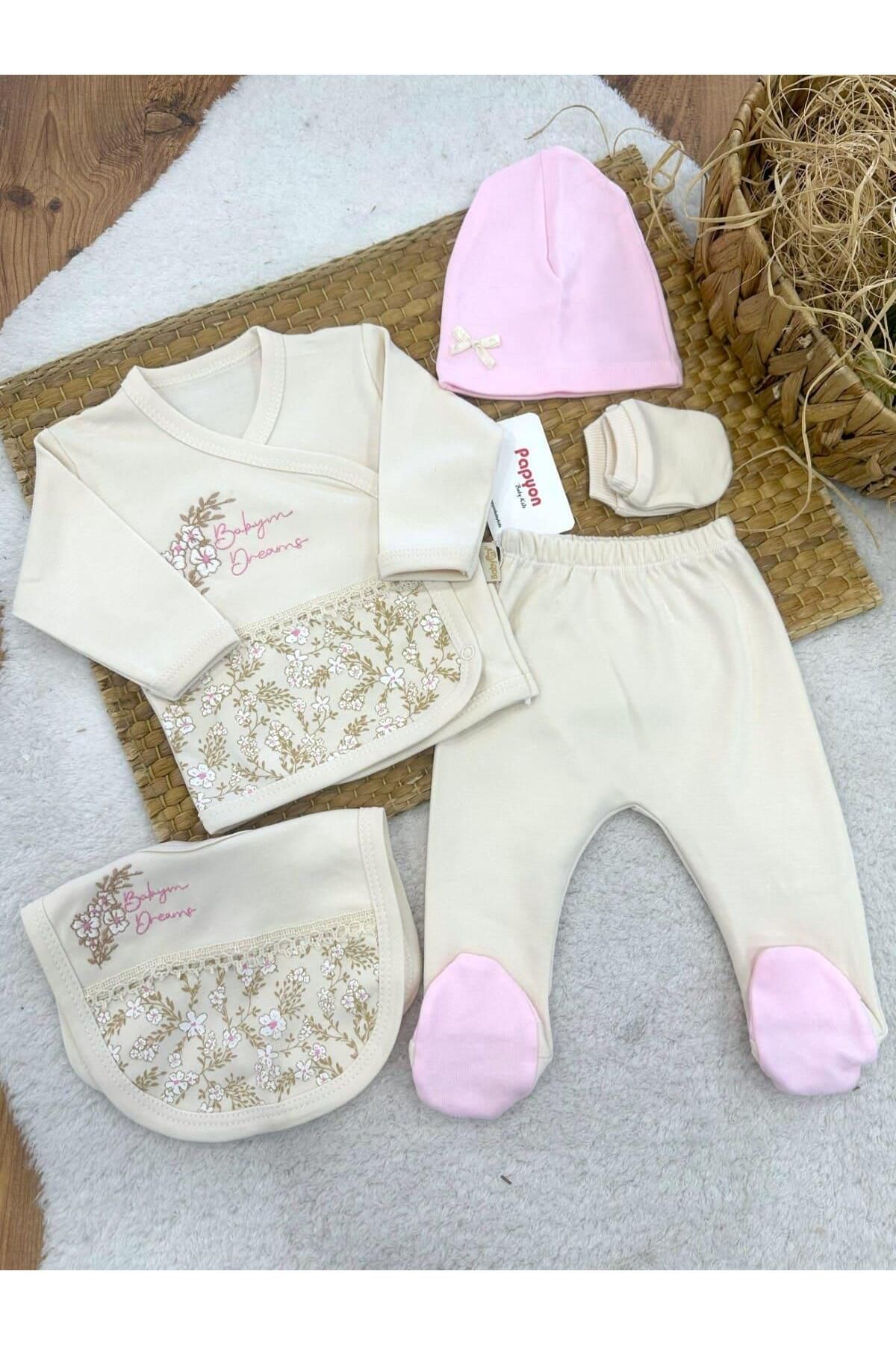 Papyon Baby Kids Çiçek Nakışlı Baskılı Dantelli Yenidoğan Kız Bebek 5li Zıbın Set
