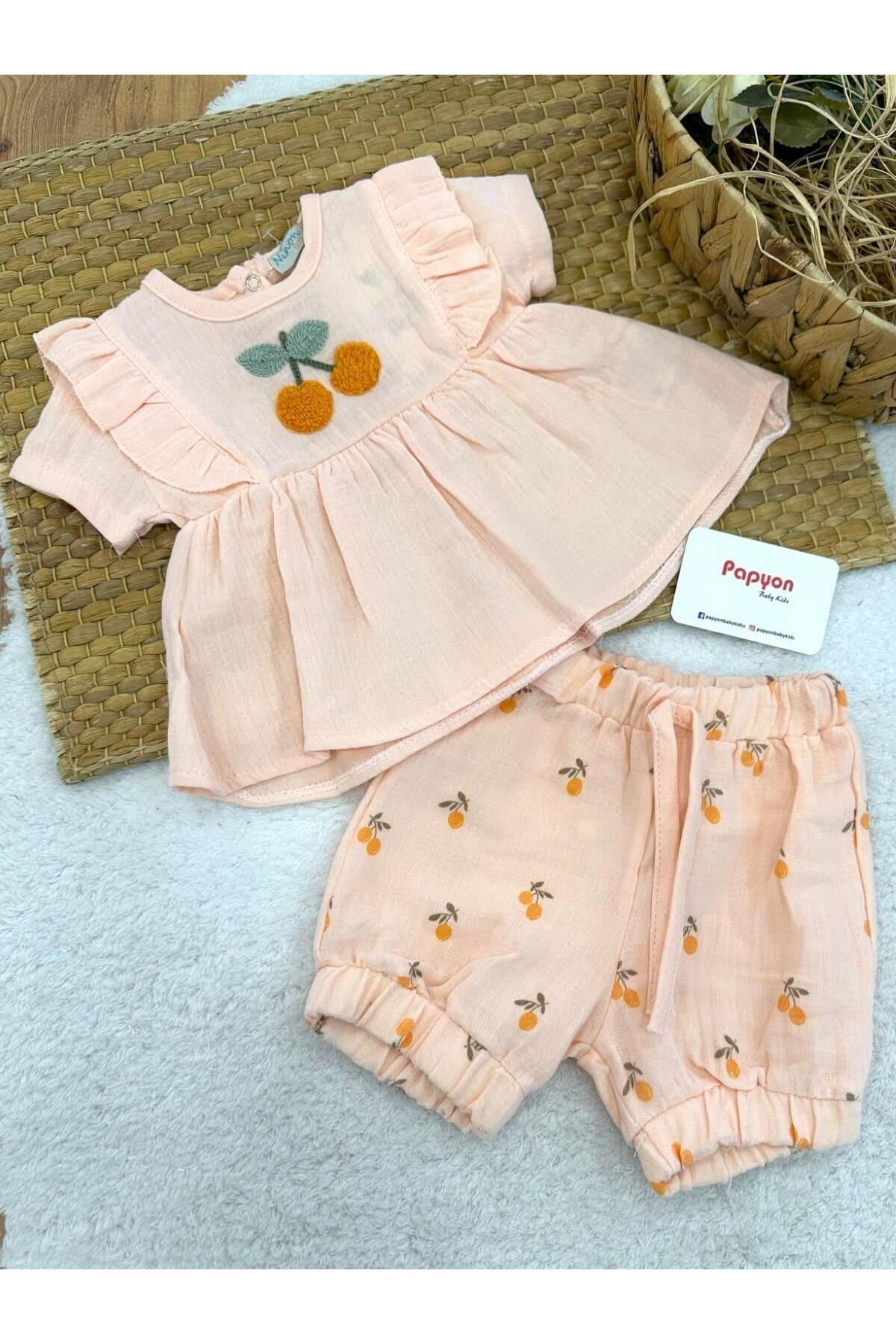 Papyon Baby Kids Süzene Kiraz Nakışlı Baskılı Kız Bebek Şortlu Müslin Takım (3-6/6-9/9-12/12-18 Ay)