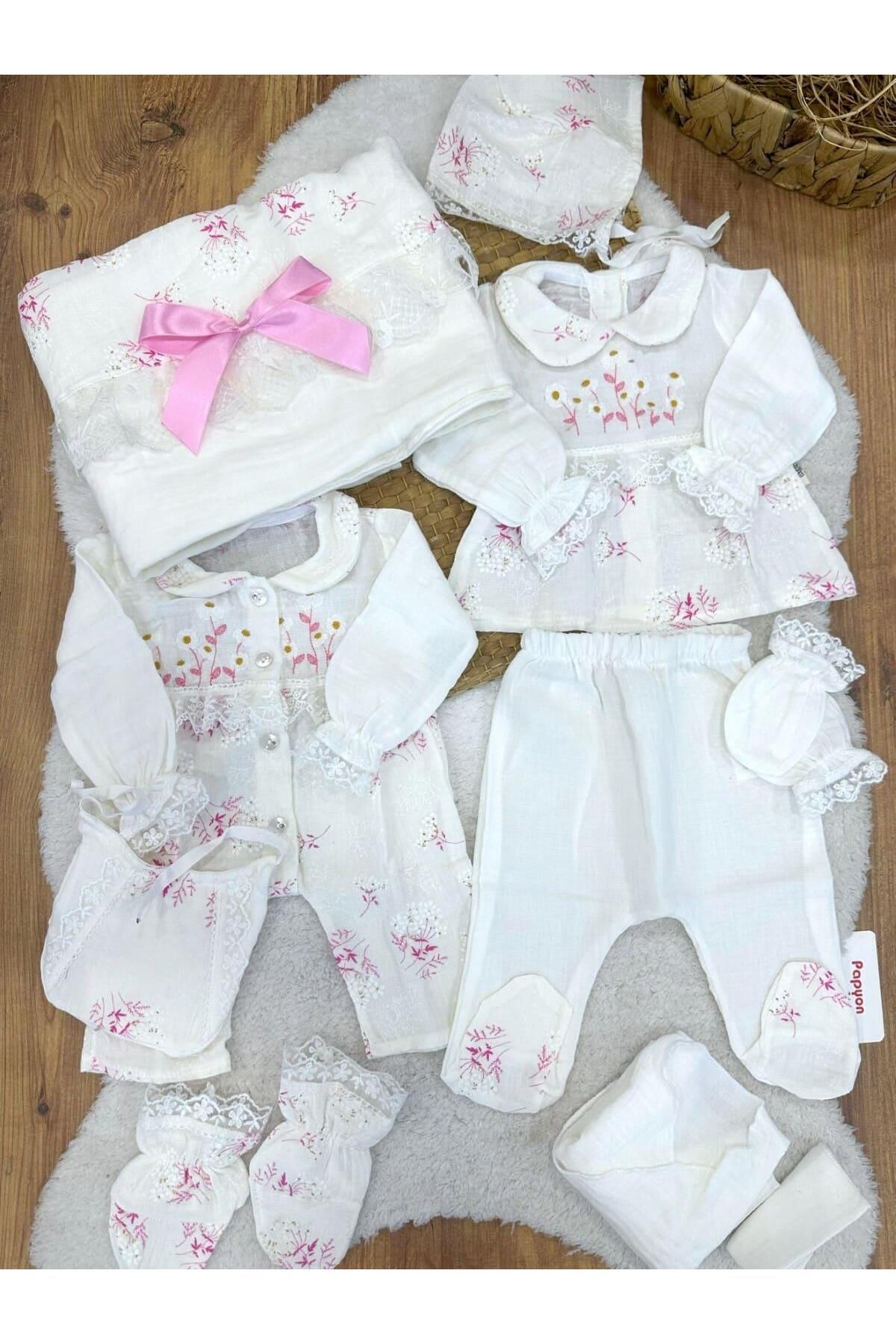 Papyon Baby Kids Çiçek Nakışlı Dantelli Tulumlu Yenidoğan Kız Bebek Müslin 10lu Zıbın Set Hastane Çıkışı