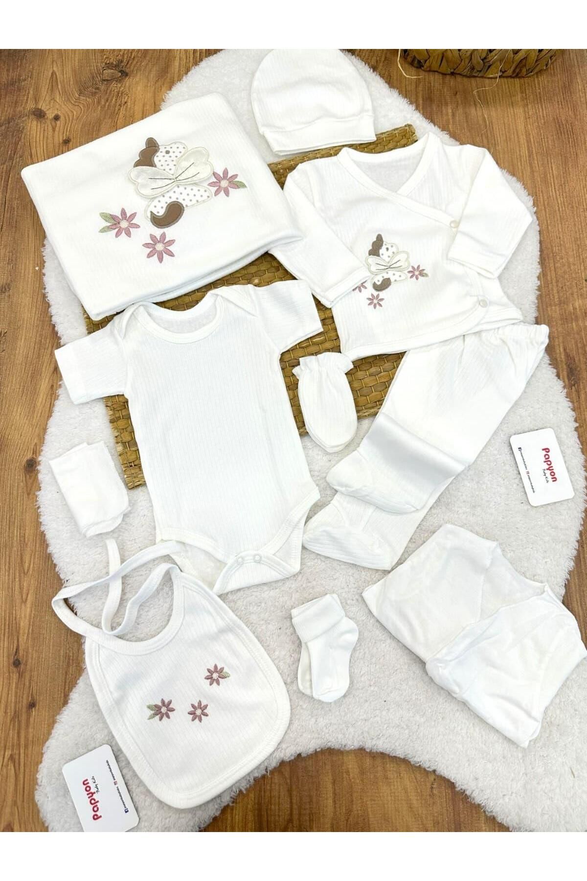 Papyon Baby Kids Unicorn Çiçekli Fitilli Yenidoğan Kız Bebek 10lu Zıbın Set Hastane Çıkışı