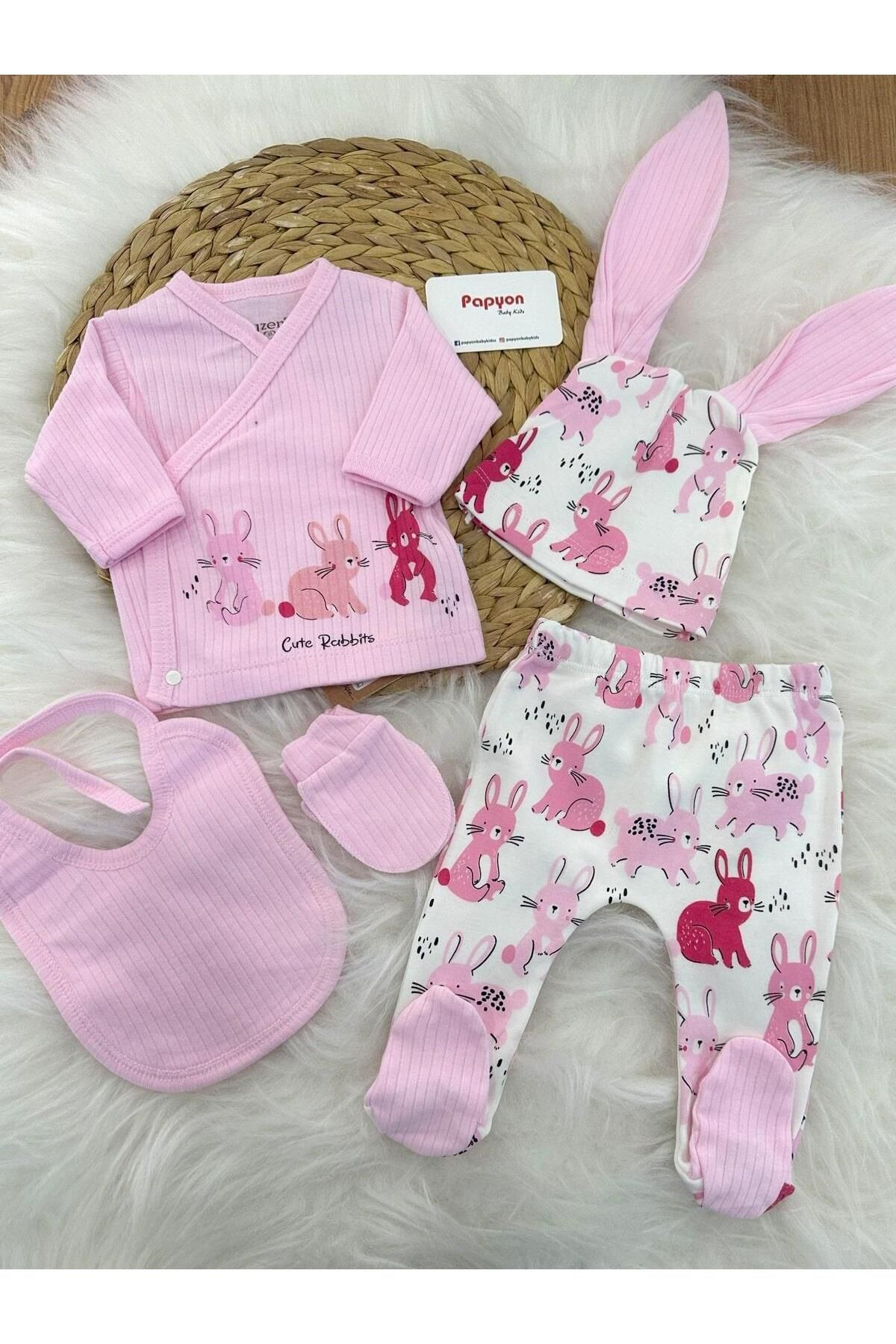 Papyon Baby Kids Tavşan Kardeşler Yenidoğan Kız Bebek 5li Zıbın Set Hastane Çıkışı