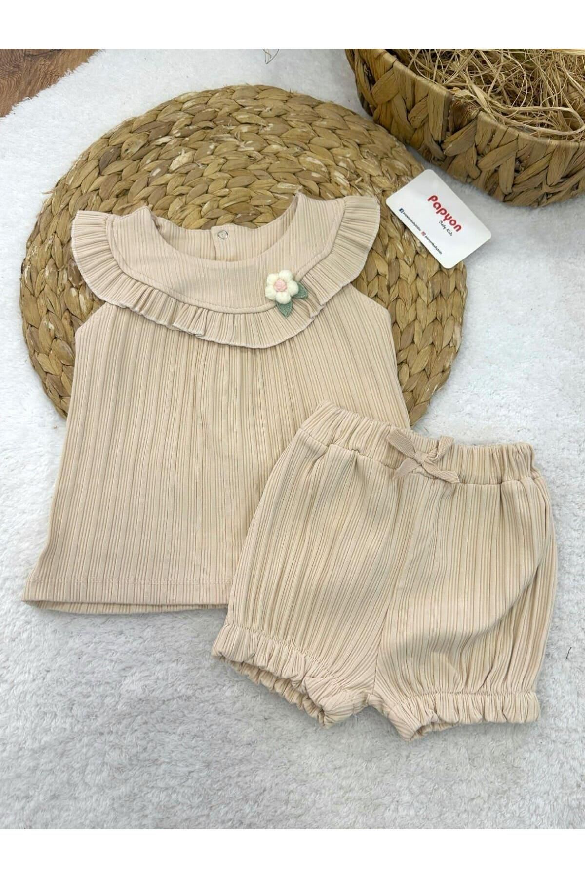 Papyon Baby Kids Örgü Çiçek Aksesuarlı Fırfırlı Yakalı Fitilli Kız Bebek Şortlu Takım (6-9/9-12/12-18/18-24/24-36 Ay)