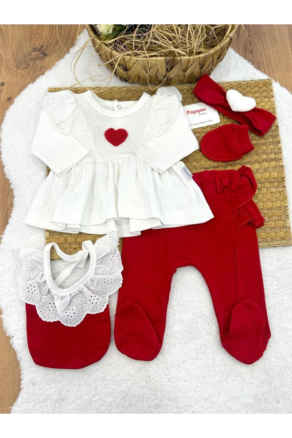 Papyon Baby Kids Lottie Süzene Kalp Nakışlı Güpürlü Raporlu Yenidoğan Kız Bebek 5li Zıbın Set Hastane Çıkışı