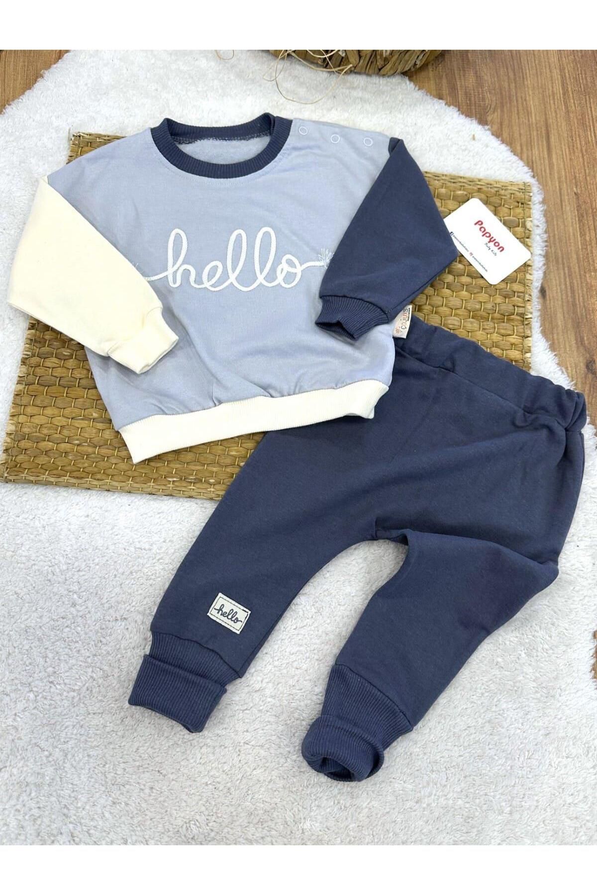 Papyon Baby Kids Hello Nakışlı Erkek Bebek 2ip Takım (6-9/9-12/12-18/18-24 AY)