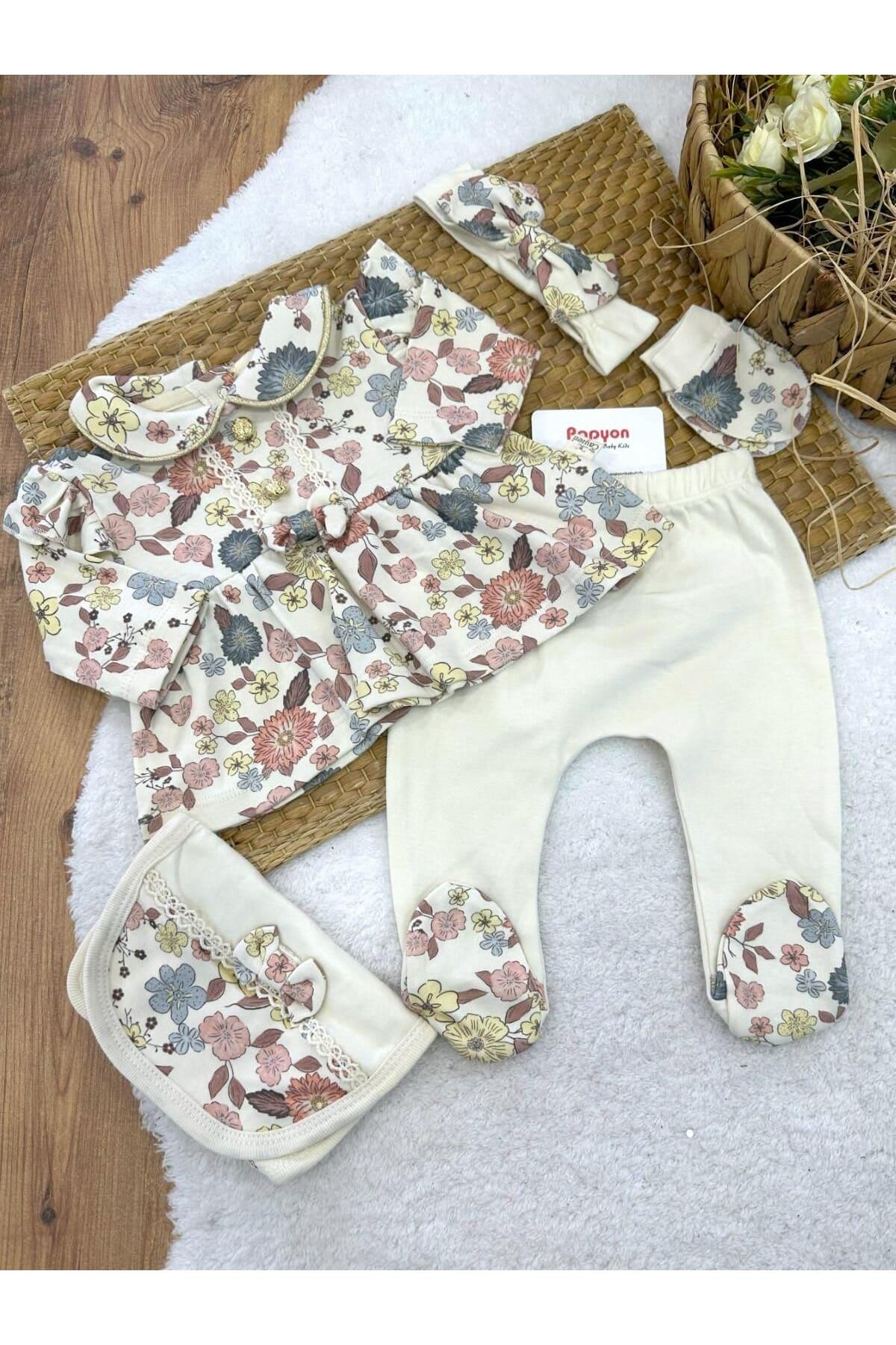 Papyon Baby Kids Gold Serisi Çiçek Desenli Yenidoğan Kız Bebek 5li Zıbın Set Hastane Çıkışı