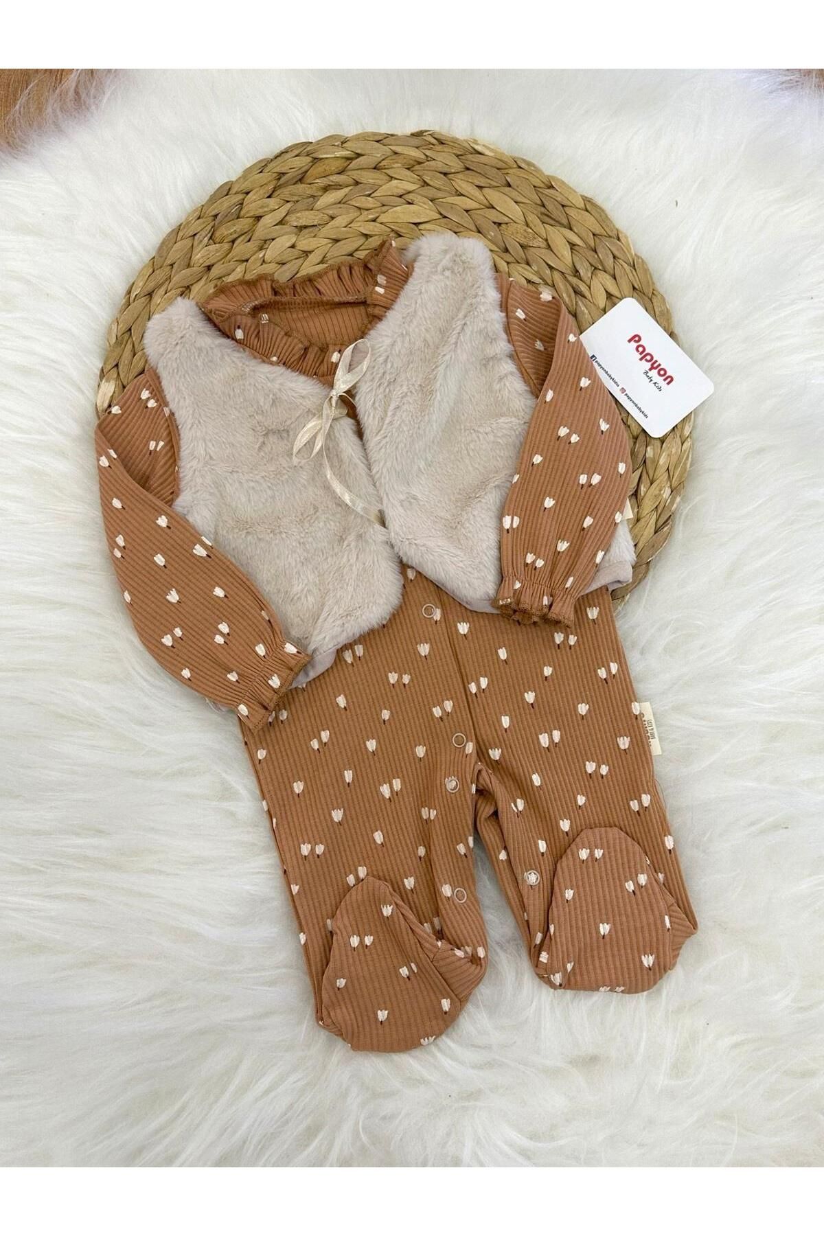 Papyon Baby Kids İstanbul Lale Desenli Raporlu Kız Bebek Tulum Yelek Set 0-3/3-6 Ay
