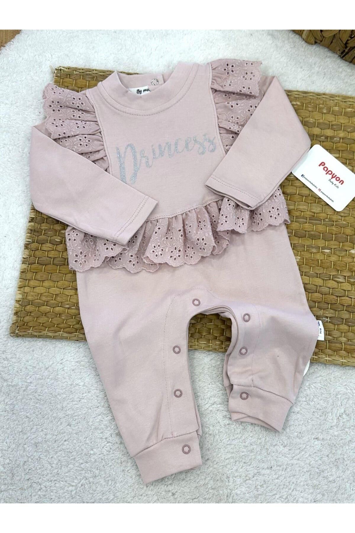 Papyon Baby Kids Princess Yaldız Baskılı Güpürlü Kız Bebek Manşetli Tulum (0-3/3-6/6-9/9-12 Ay)