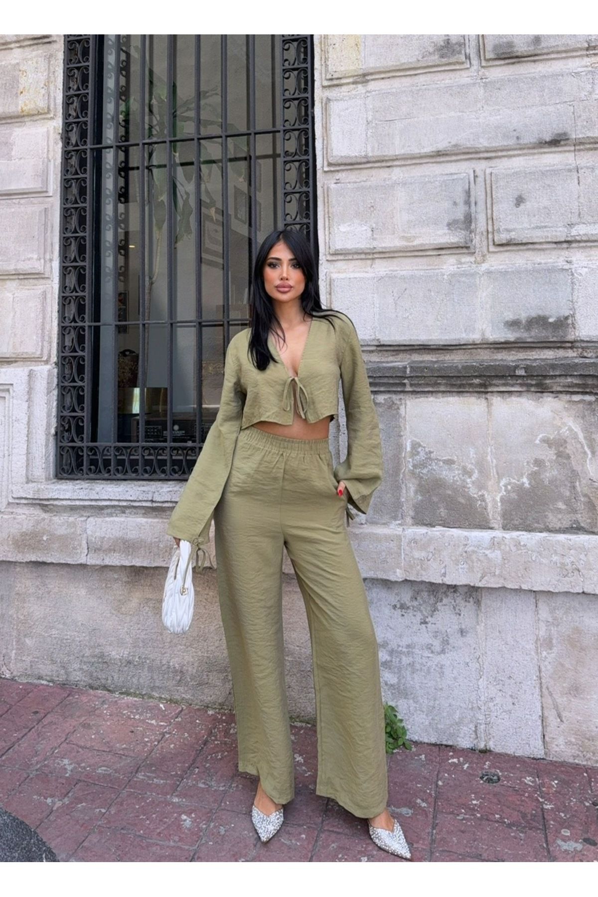 Ekim Store Crop Bağcıklı Modal Gömlek Pantolon Takım