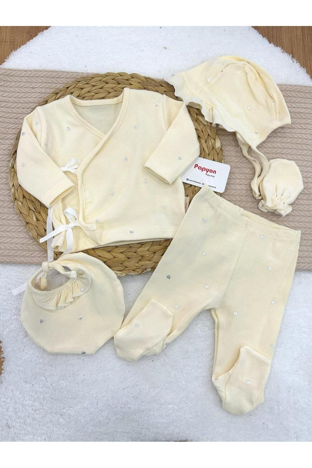 Papyon Baby Kids Catena Parlak Kalp Baskılı Yenidoğan Kız Bebek 5li Zıbın Set Hastane Çıkışı