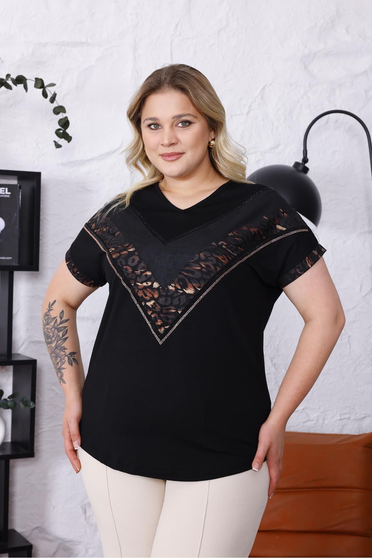 Siyezen Büyük Beden Leopar Işıltılı Taş Oversize Bluz