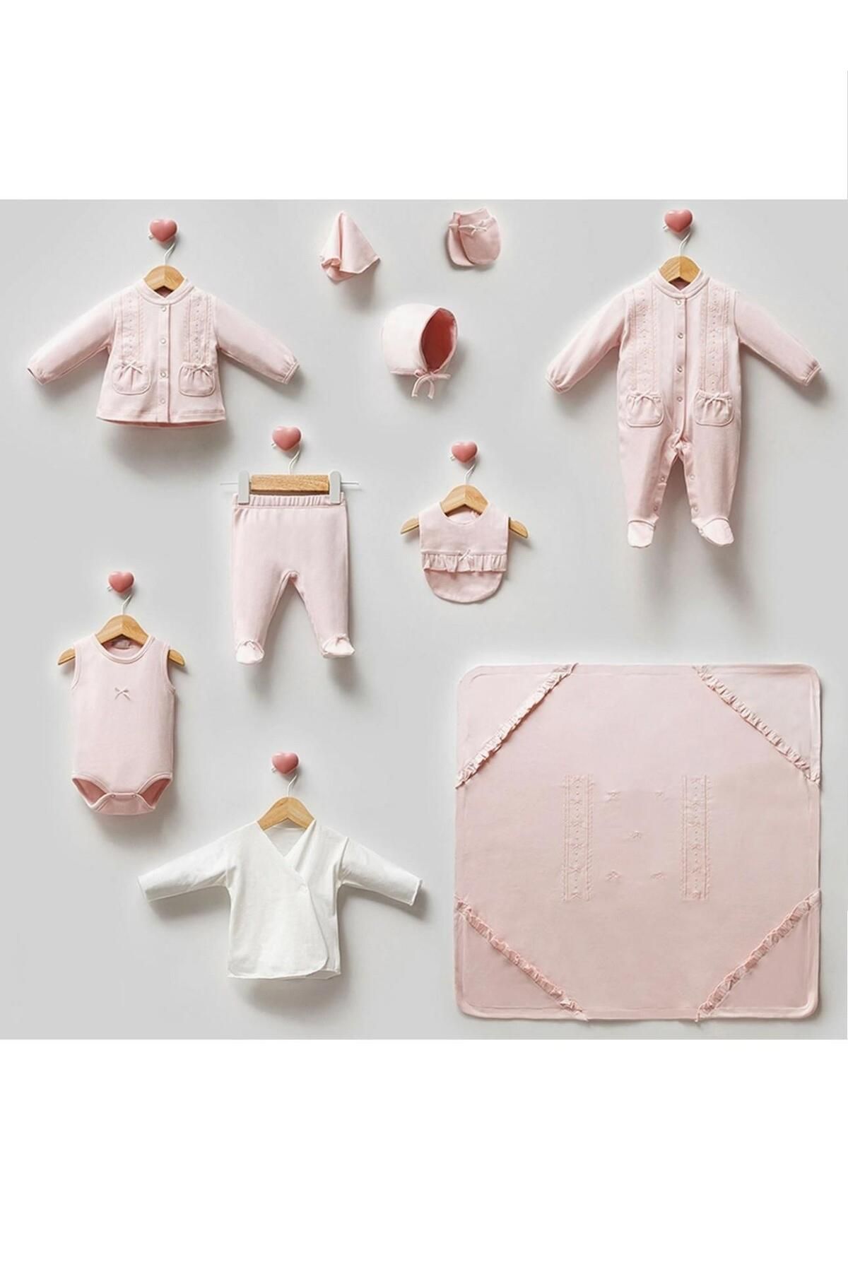 Papyon Baby Kids (Organik Ürün) Fiyonk Nakışlı Yenidoğan Kız Bebek 10lu Hastane Çıkış Seti