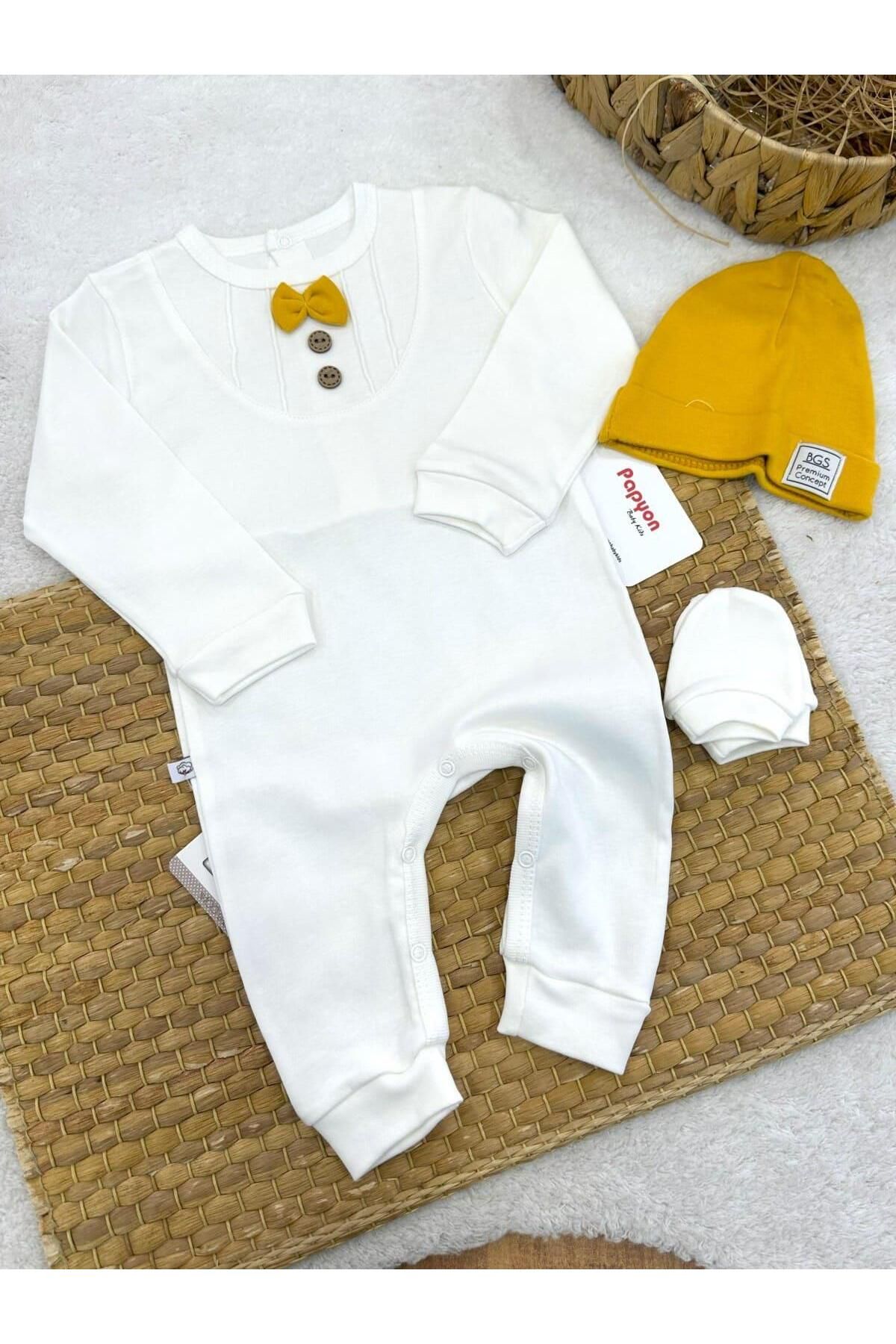 Papyon Baby Kids Nervürlü Papyonlu Bereli Eldivenli Erkek Bebek 3lü Tulum Set (0-3/3-6/6-9 Ay)