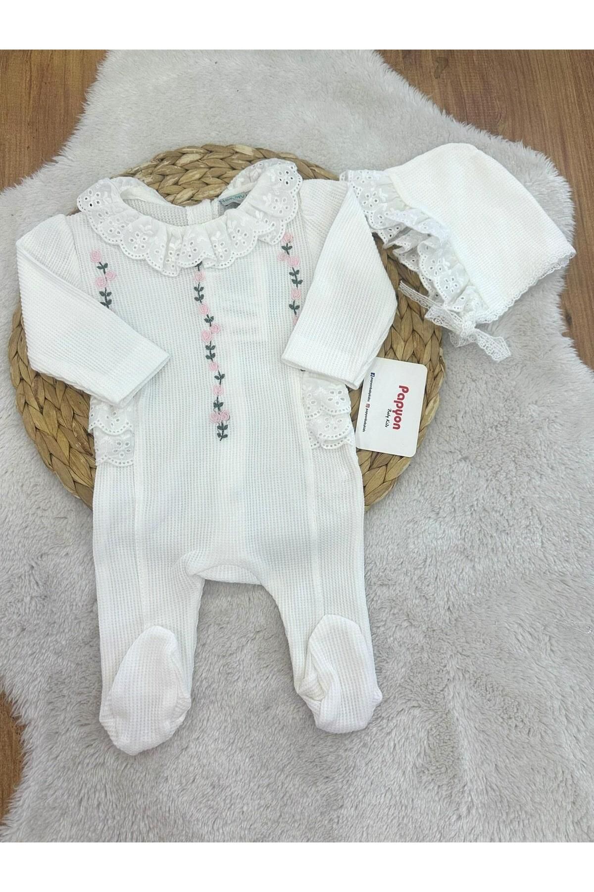Papyon Baby Kids Çiçek Nakışlı Fistolu Kız Bebek Şapkalı Tulum 0-3/3-6/6-9/9-12 Ay