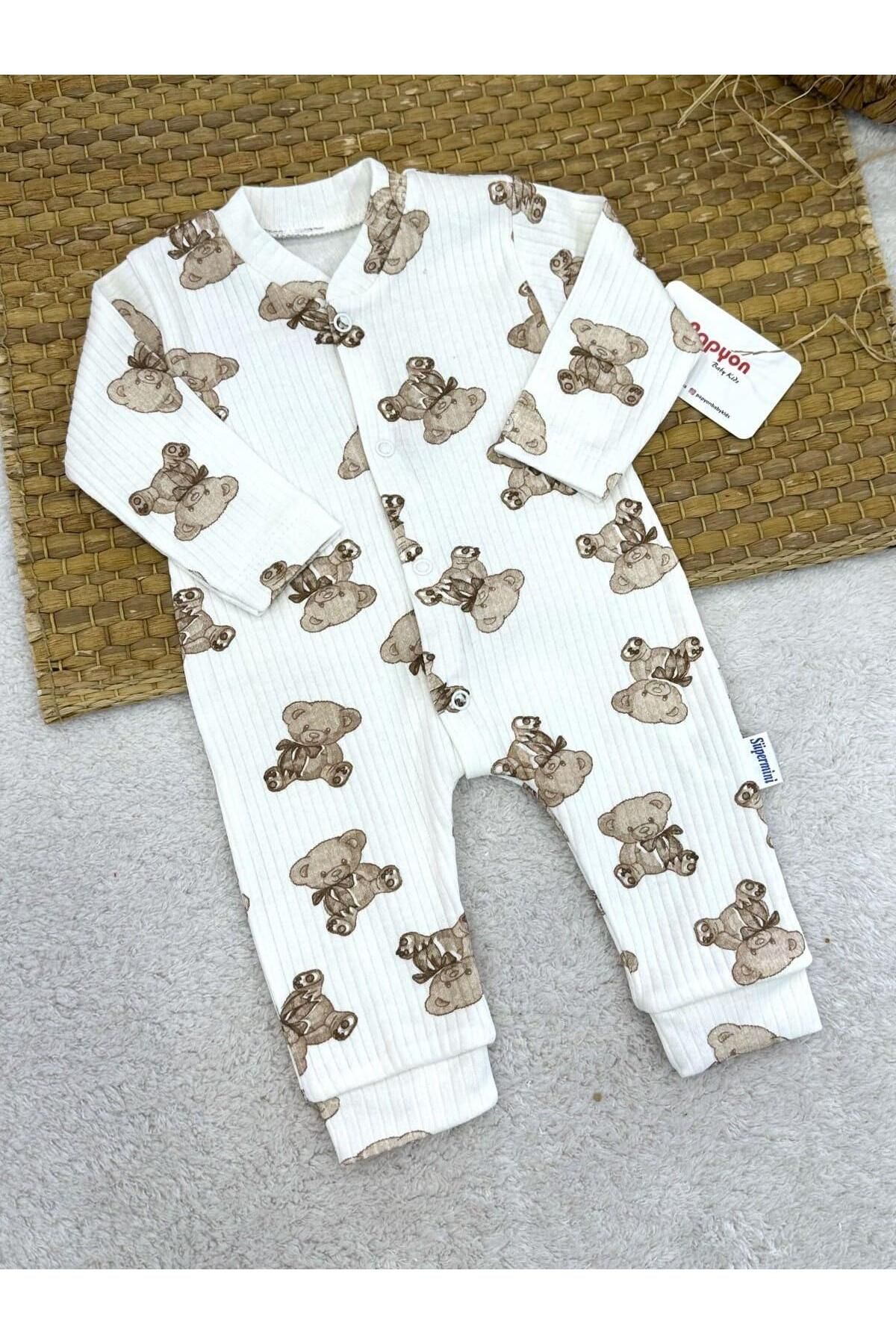 Papyon Baby Kids Ayıcık Baskılı Fitilli Uniseks Bebek Tulum (0-3/3-6/6-9 Ay)